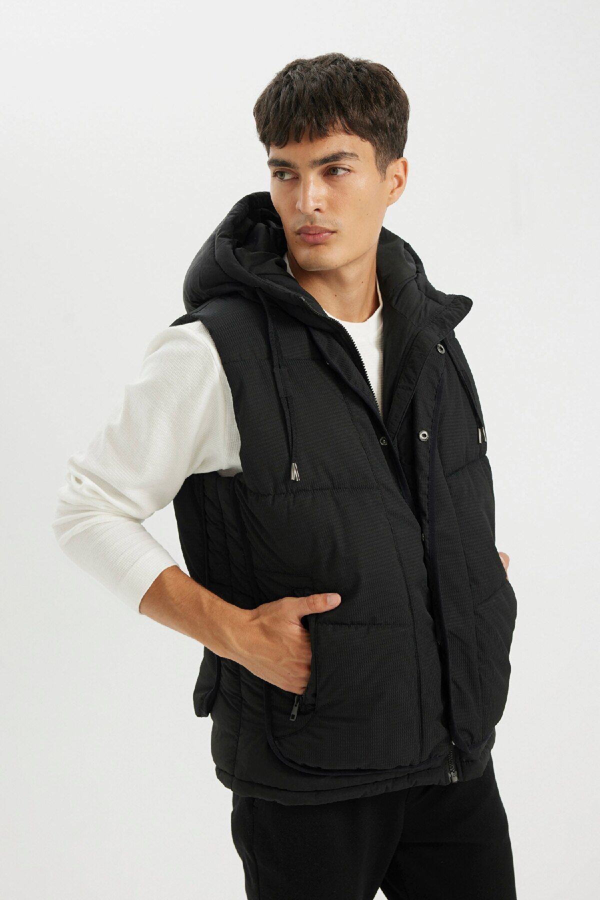 DEFACTO Puffer Vest Hooded Zippered Snap Pocket