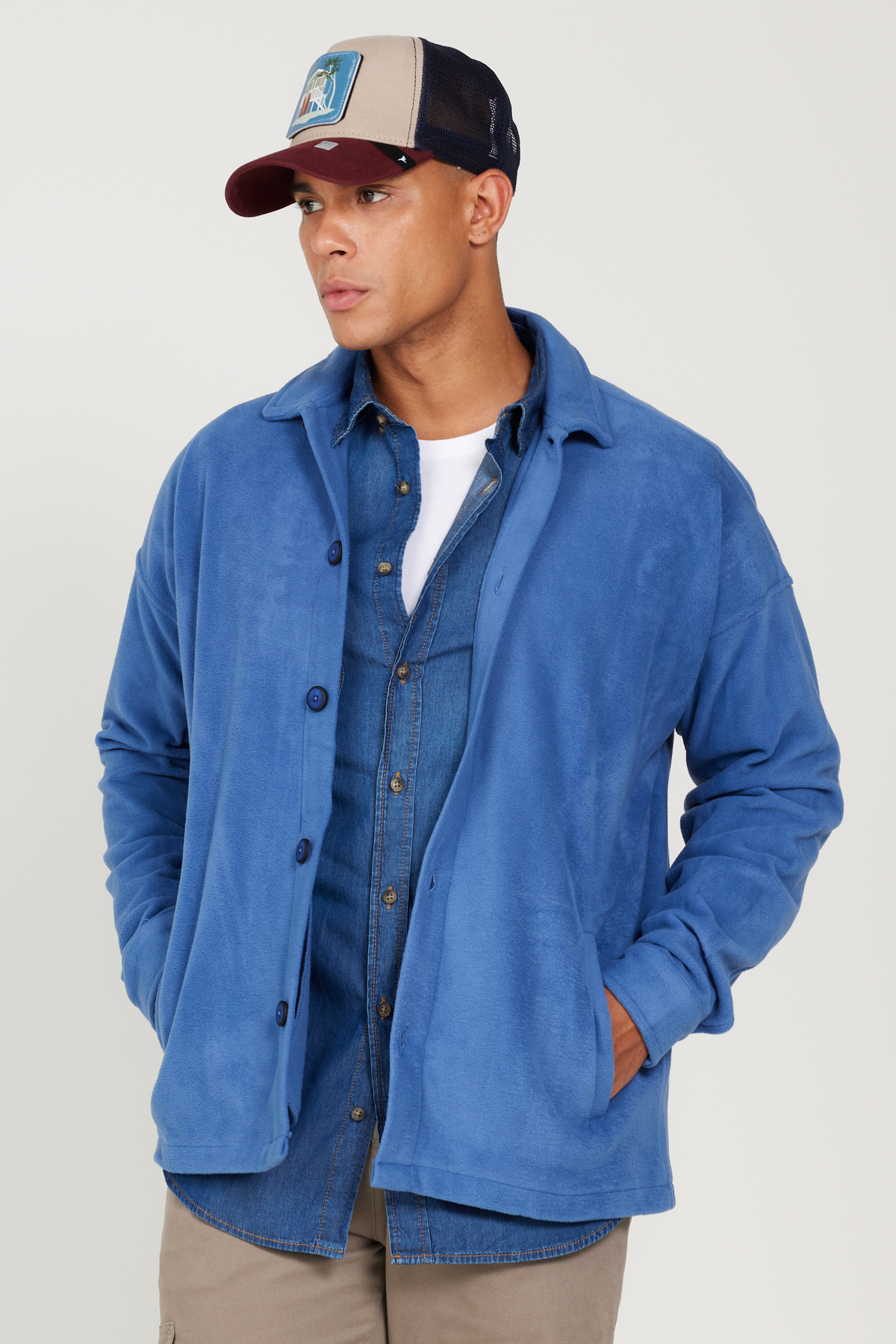 Levně AC&Co / Altınyıldız Classics Men's Indigo Oversize Loose Fit Classic Collar Anti-Pilling Winter Comfortable Fleece Shirt.