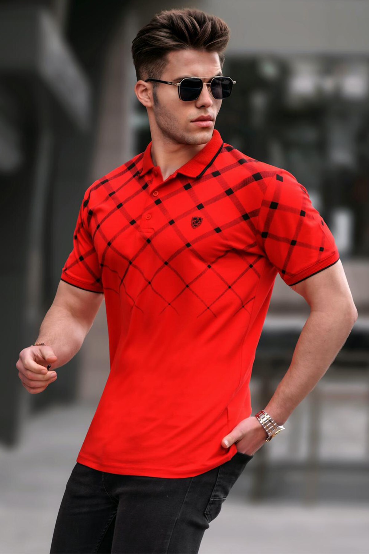 Levně Madmext Red Buttoned Polo-Collar Men's T-Shirt 5867