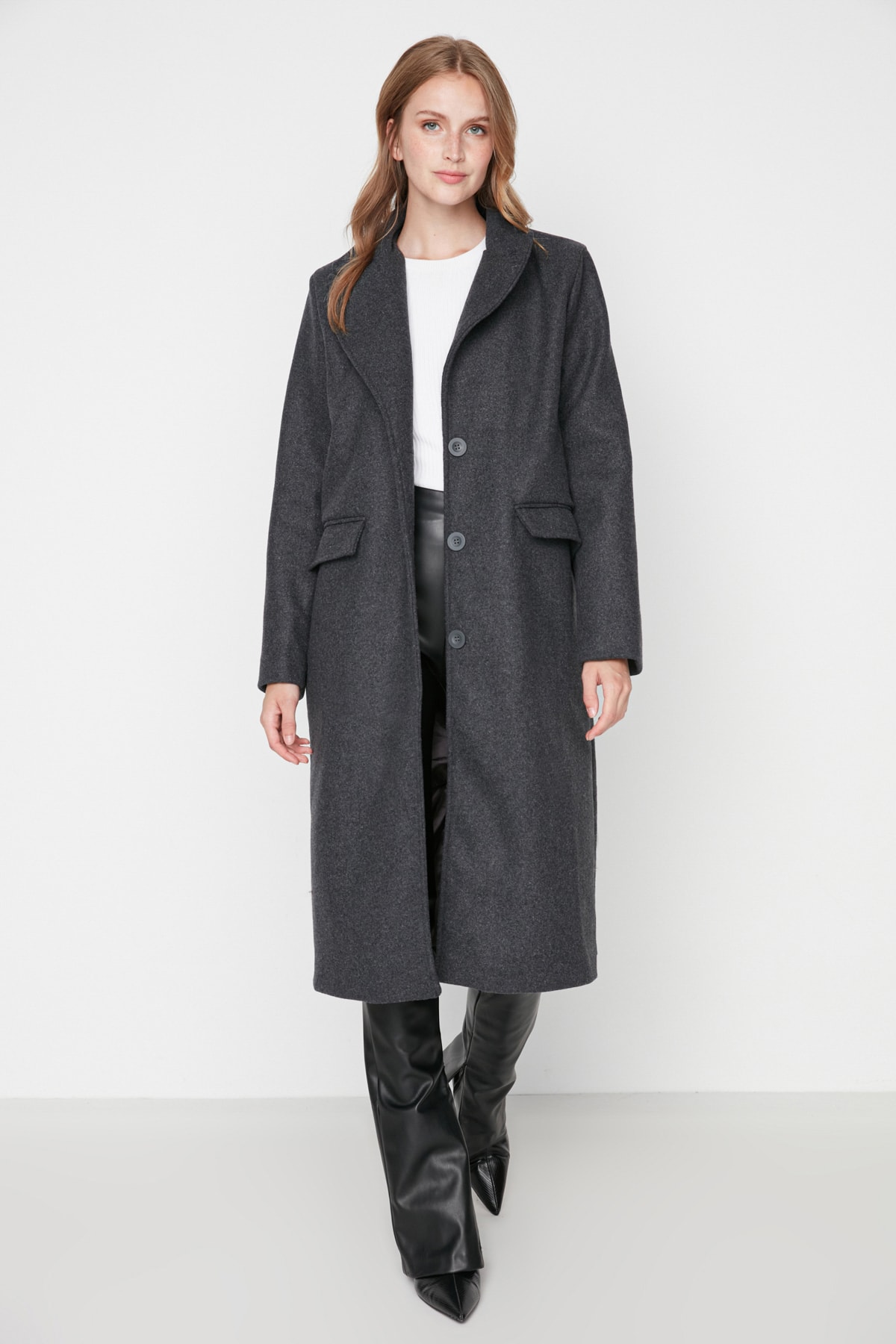 Trendyol Anthracite Button Zavřít Stamp Coat