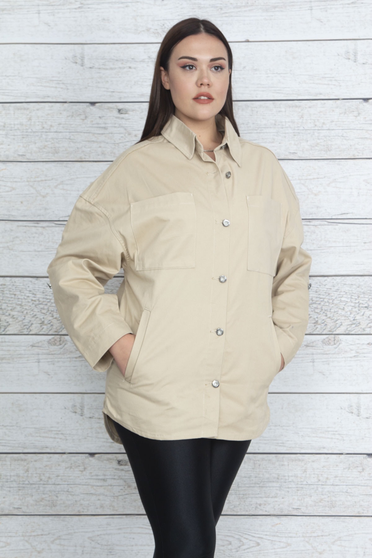 Şans Women's Plus Size Stone Gabardine Fabric Metal Buttoned Sleeve Length Adjustment Unlined Coat