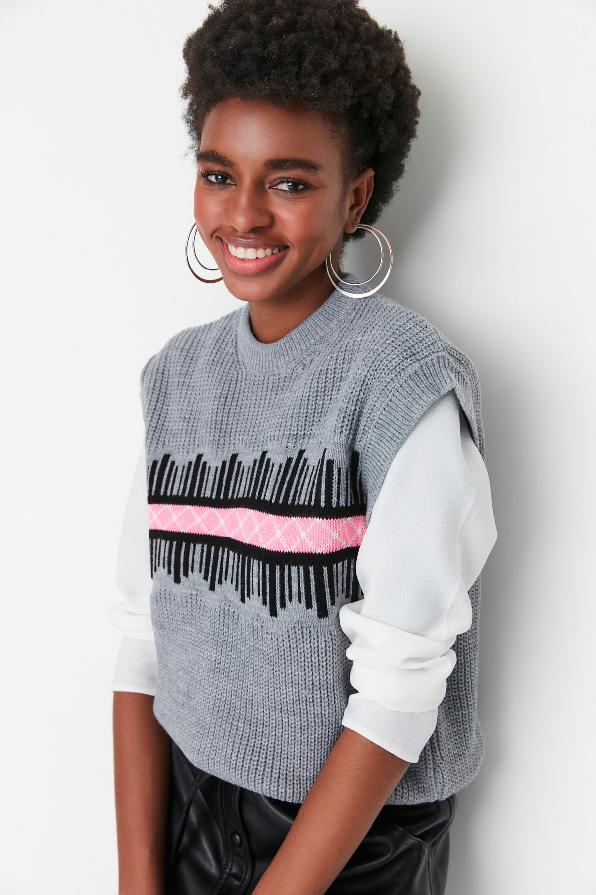 Trendyol Gray Patterned Crewneck Knitwear Sweater