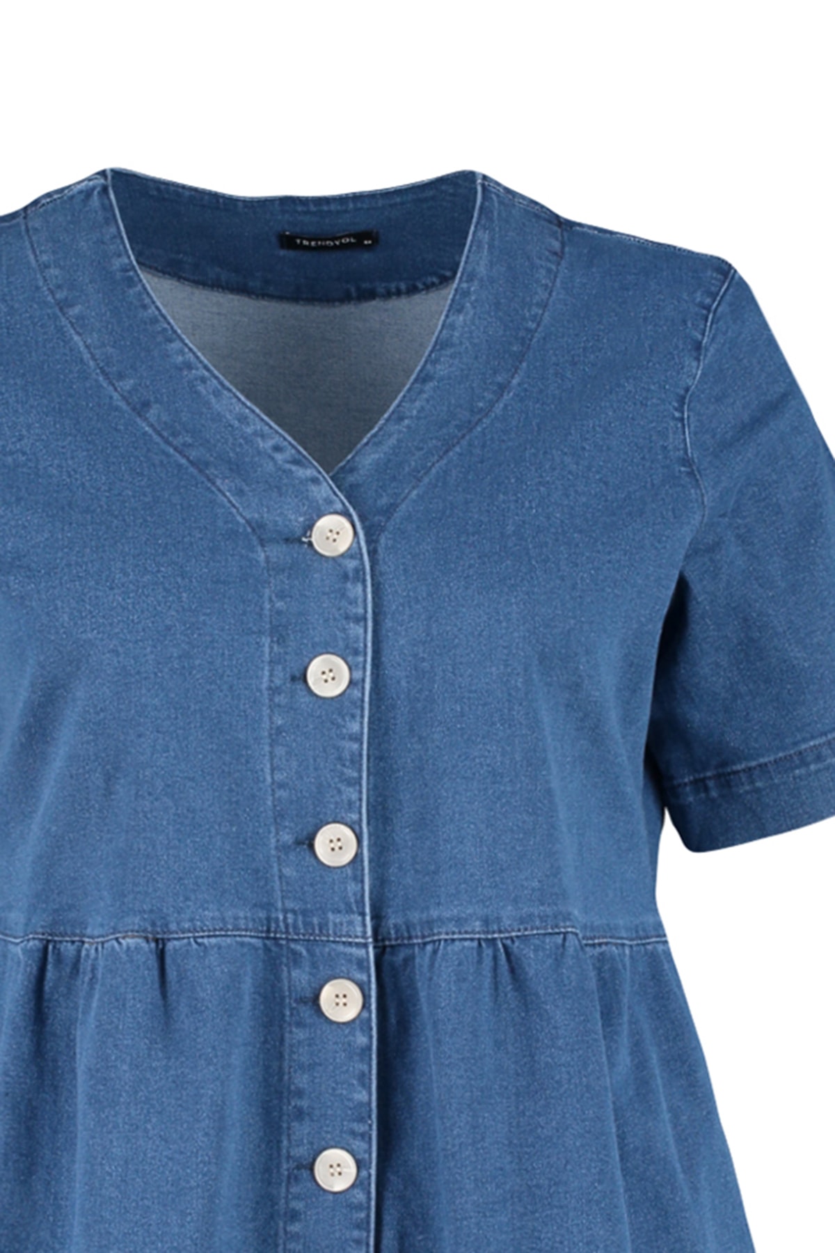 Trendyol Curve Blue Open Waist/Skater V-Neck Denim Dress