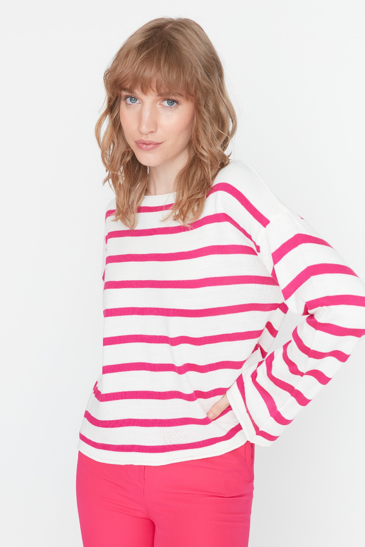 Trendyol Fuchsia Basic Striped Knitwear Sweater