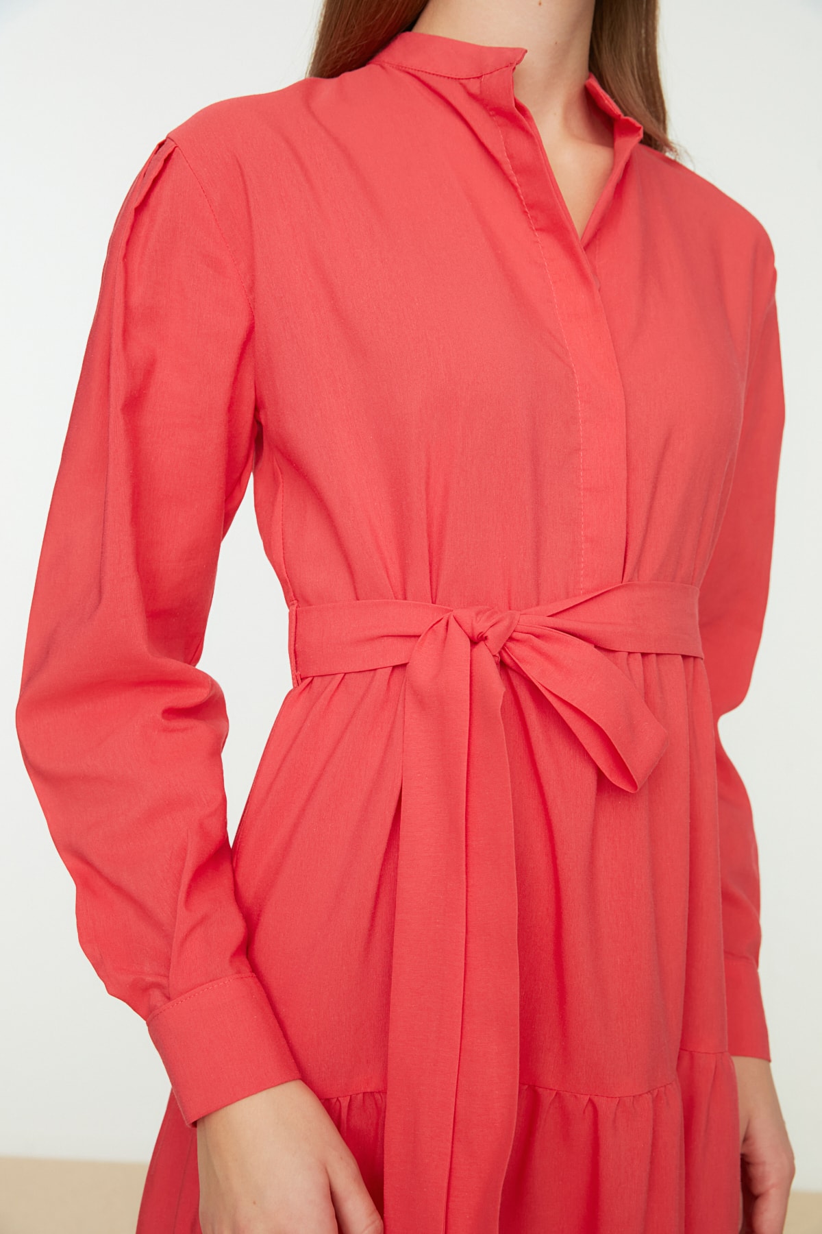 Trendyol Coral Dominant Guler Belted Wide Fit Rochie țesută