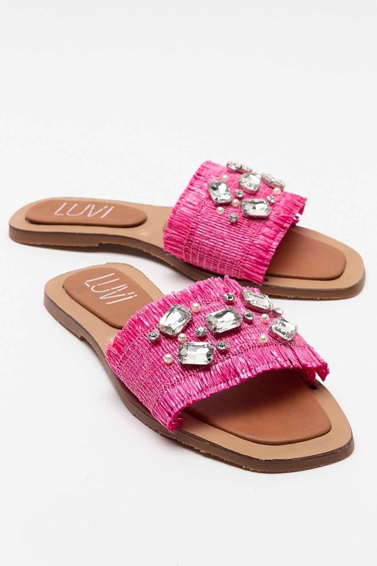 Levně LuviShoes NORVE Women's Pink Straw Stone Slippers