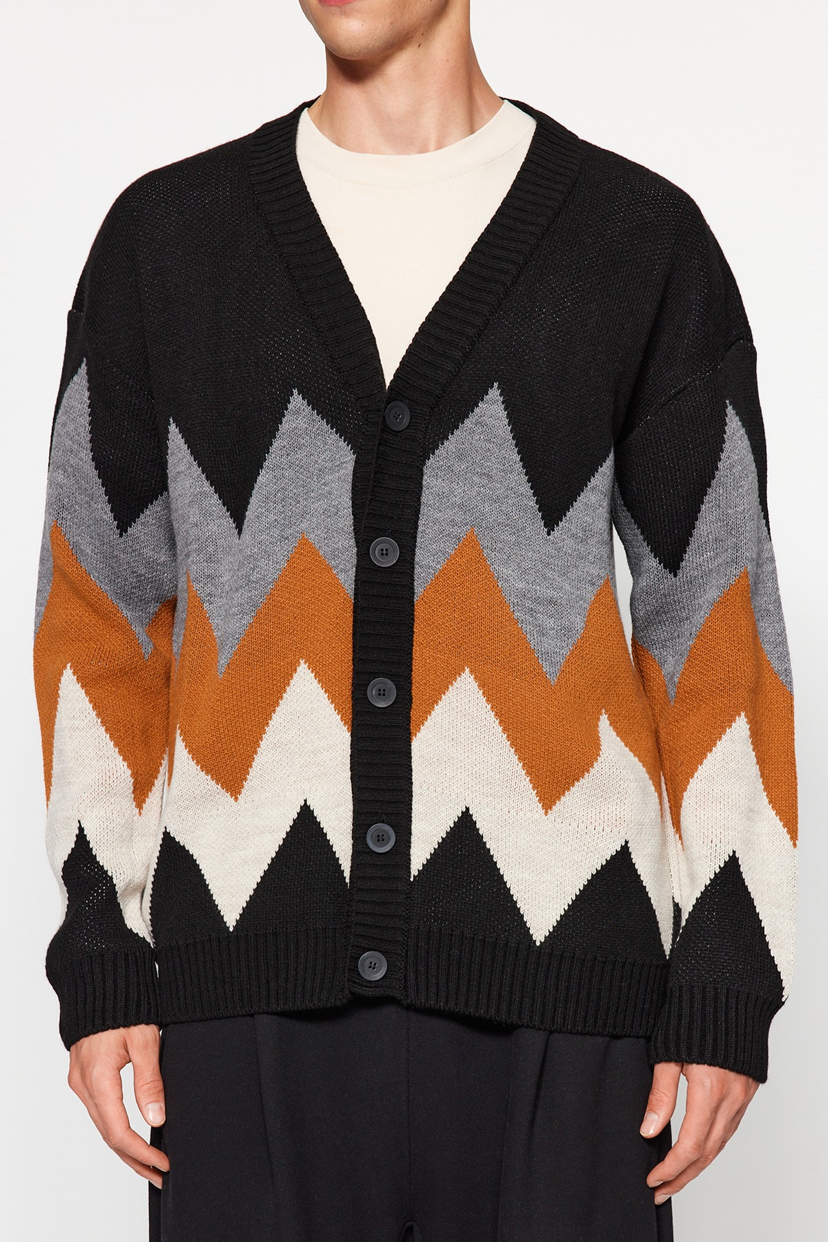 Trendyol Black Oversize Fit Wide Pattern Multicolored Cardigan