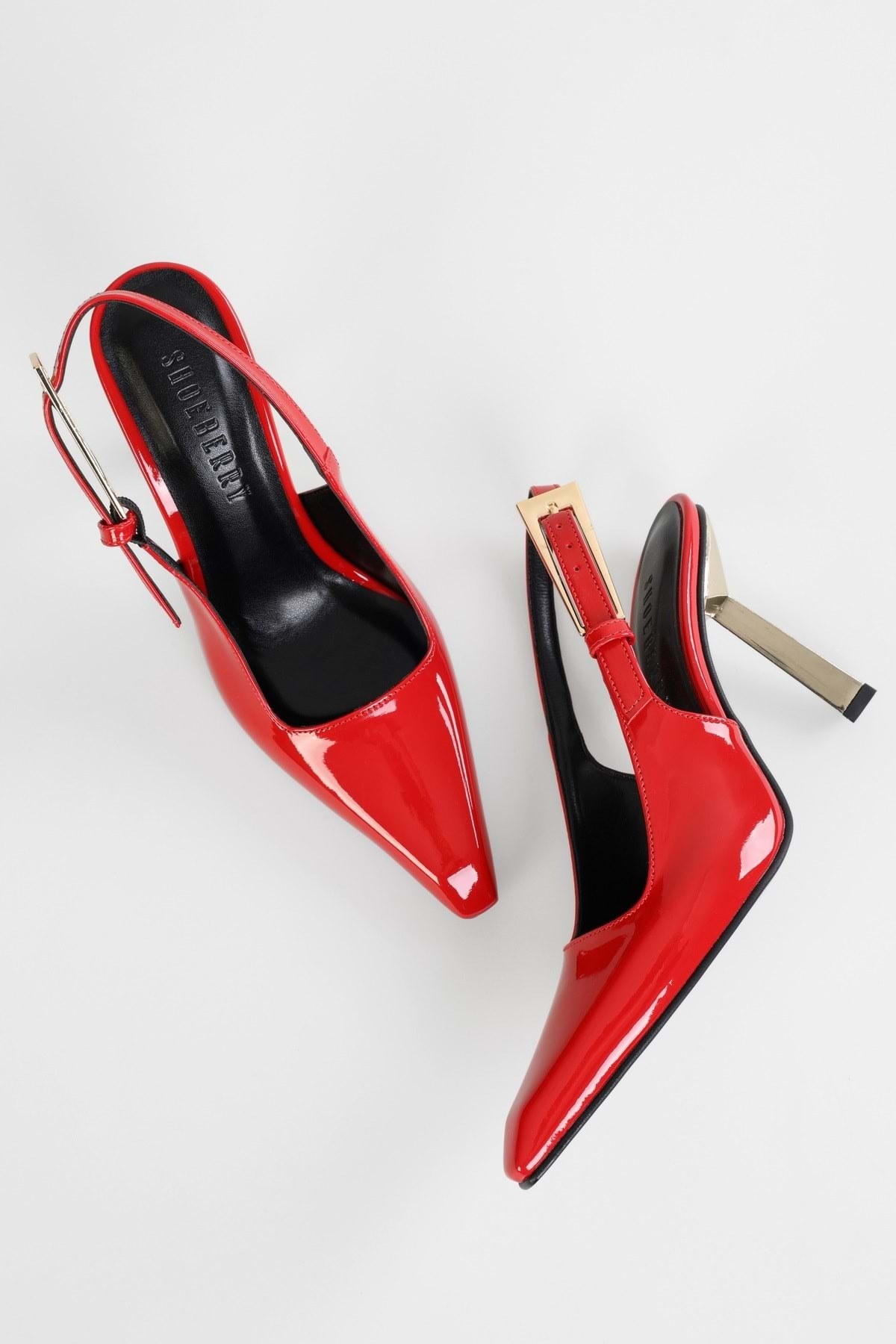 Levně Shoeberry Women's Laurend Red Patent Leather Short Toe Belted Stiletto