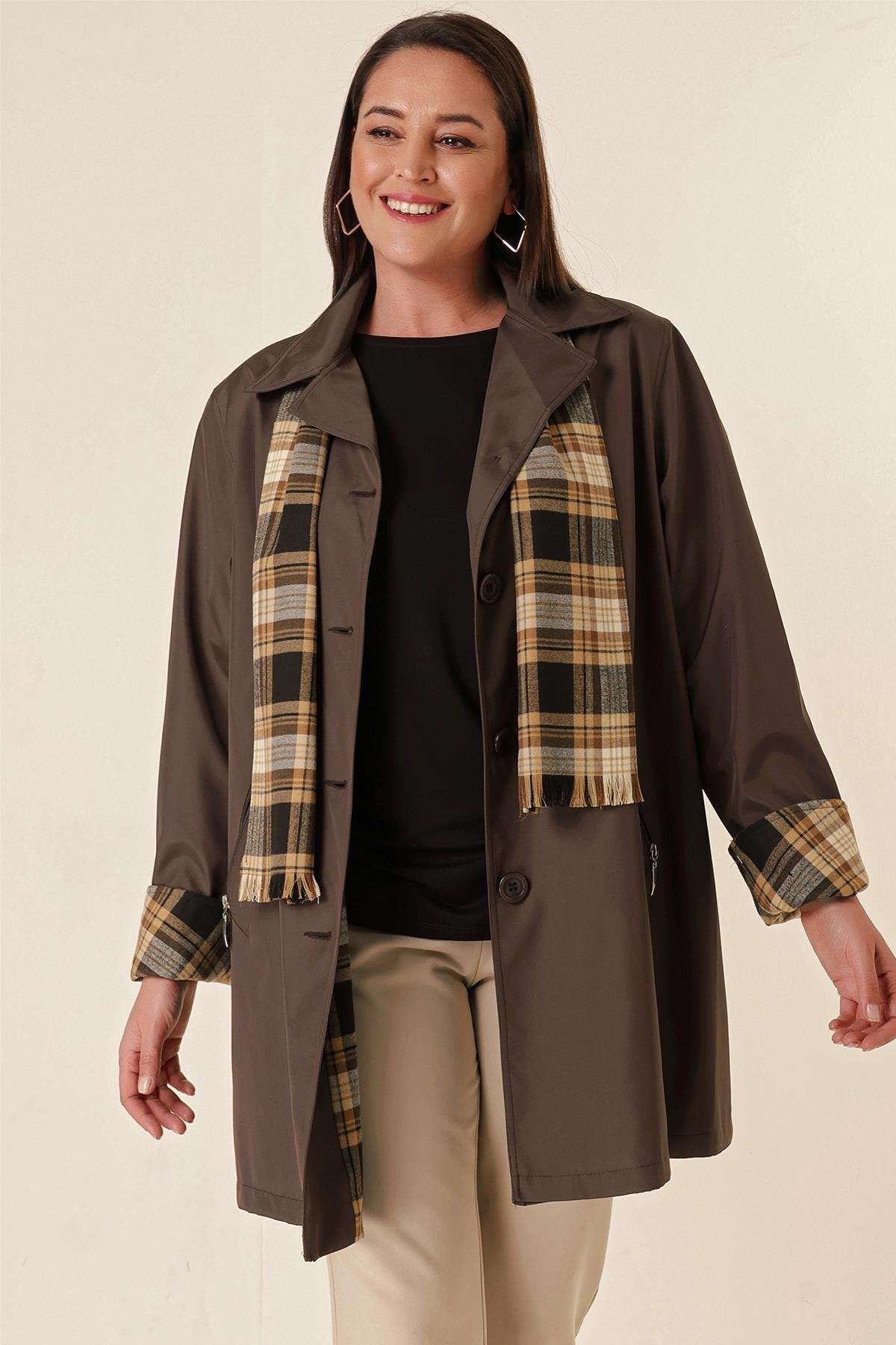 By Saygı Plus Size Bondit Coat with Lined Zipper Pocket and Scarf Accessory