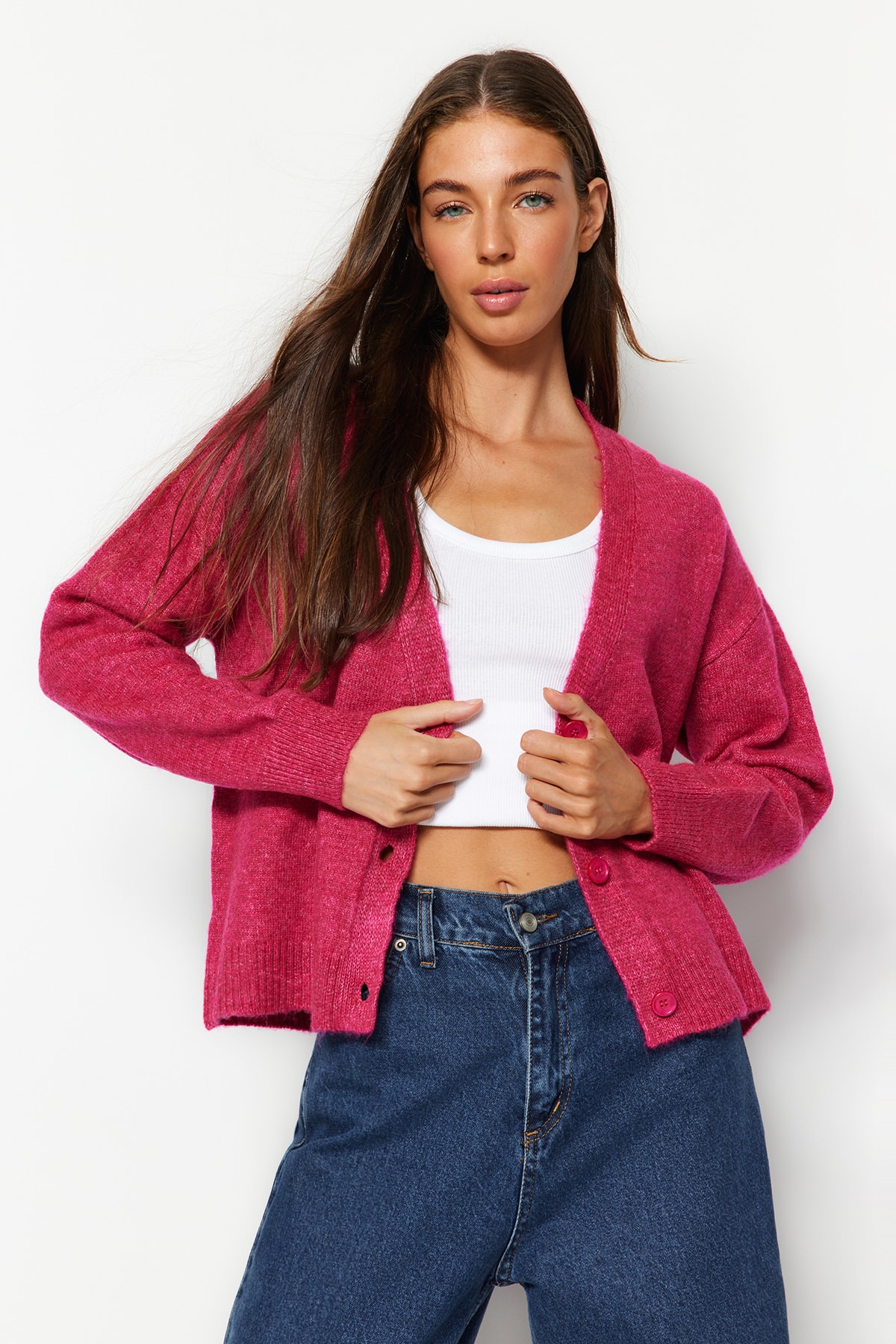Trendyol Fuchsia V Neck Knitwear Cardigan