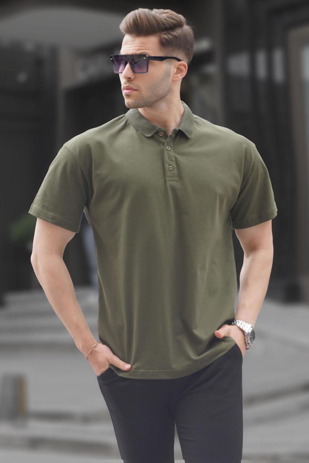Levně Madmext Khaki Green Polo Collar Basic Men's T-Shirt 6126