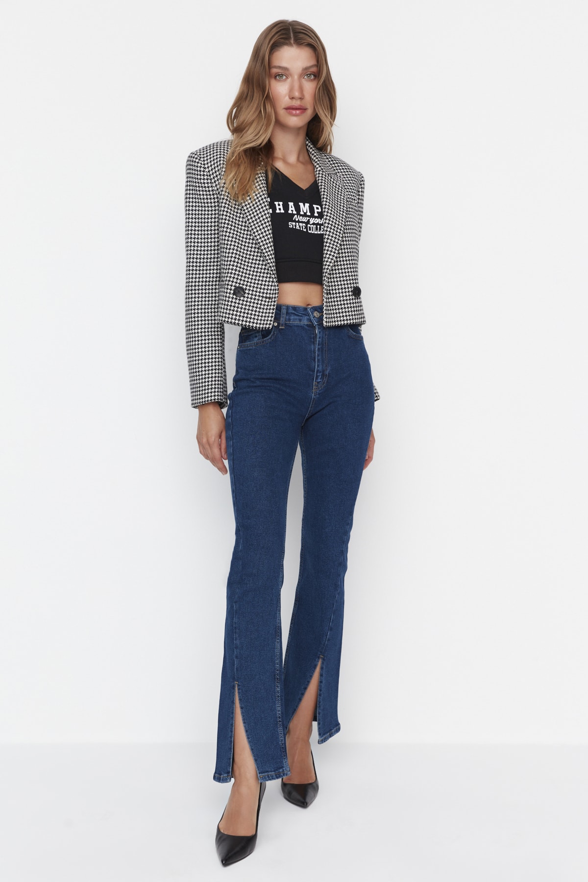 Trendyol Blue Stitching detailné džínsy s vysokým pásom s rozparkami