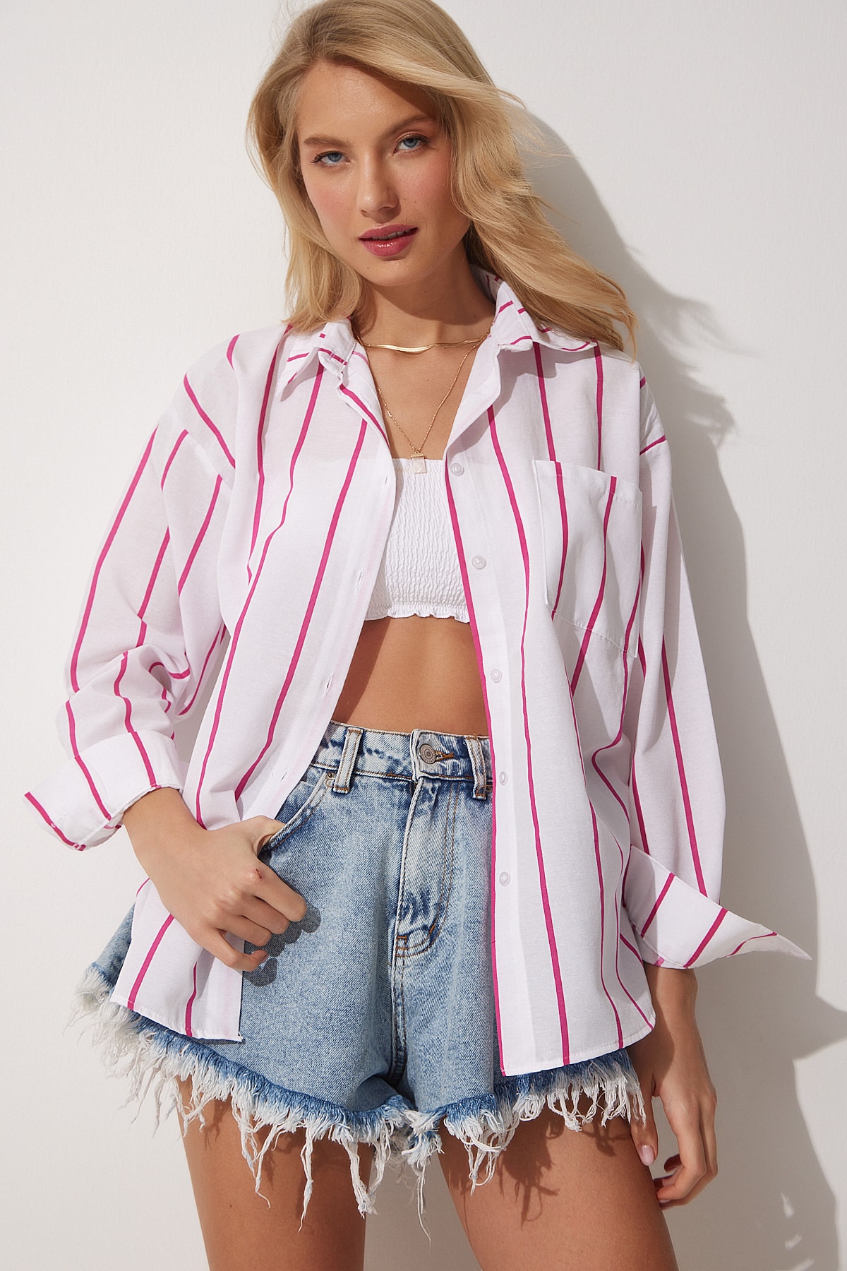 Happiness İstanbul Women's Pink White Striped Oversize Long Cotton Shirt