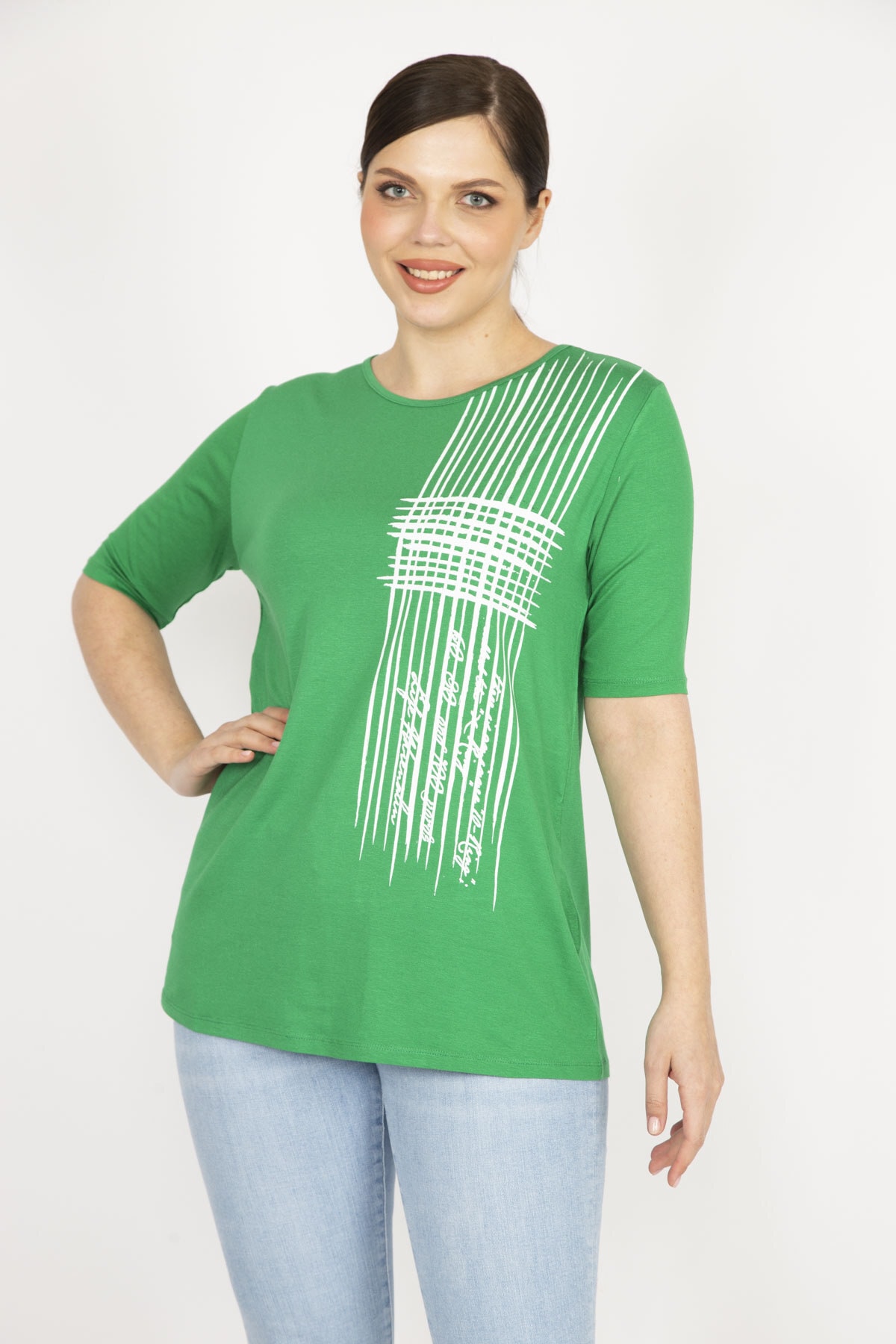 Şans Women's Green Plus Size Front Printed Viscose Blouse