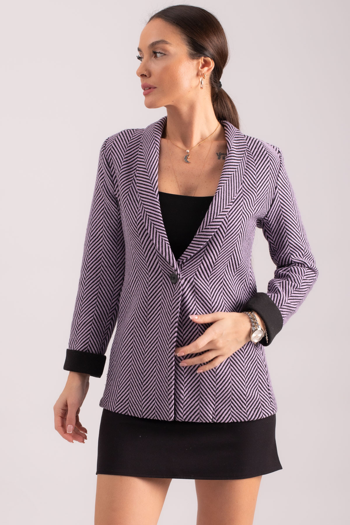 Levně armonika Women's Lilac Herringbone Pattern Fold Sleeve Single Button Cachet Jacket