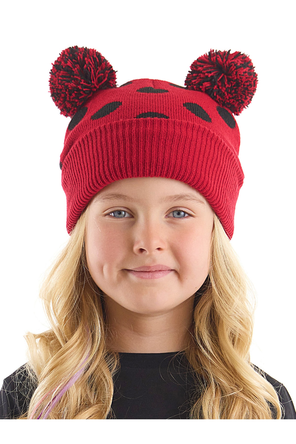 Denokids Ladybug Girl's Red Cap With Pompoms, Knitwear