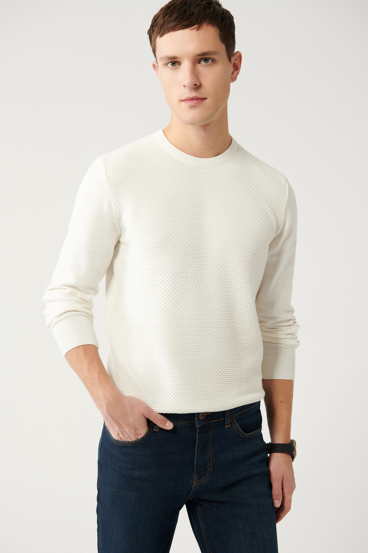 Levně Avva Men's White Knitwear Sweater Crew Neck Front Textured Cotton Regular Fit