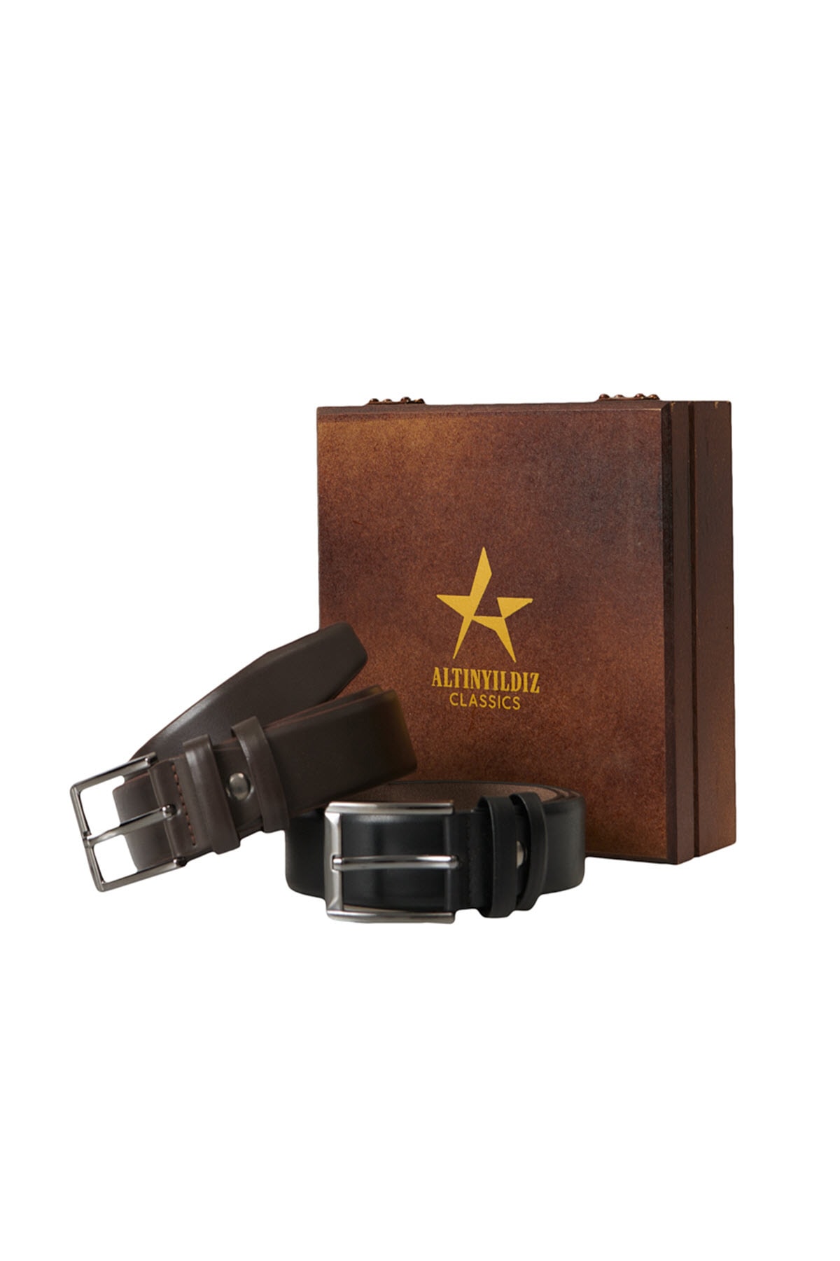 ALTINYILDIZ CLASSICS Men's Black-brown 2 Piece Casual Belt Set With Special Wooden Gift Box Groom's Pack