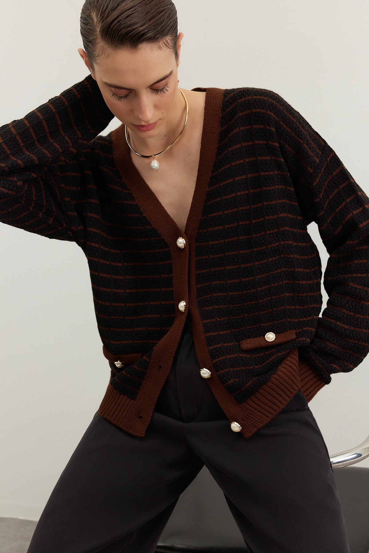 Trendyol Brown Wide Pattern Striped Knitwear Cardigan