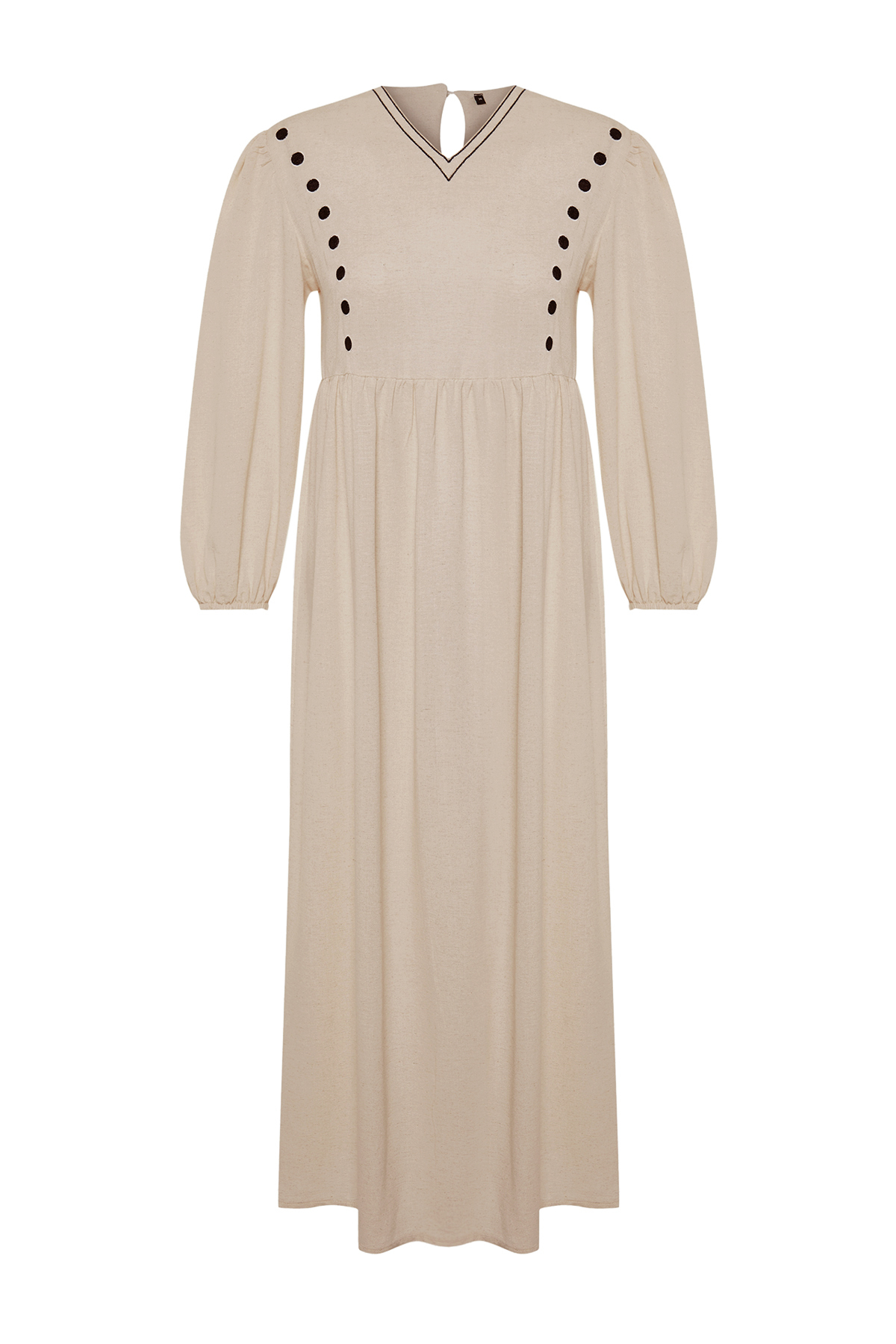 Trendyol Beige V-Neck Detailed Woven Linen Look Dress