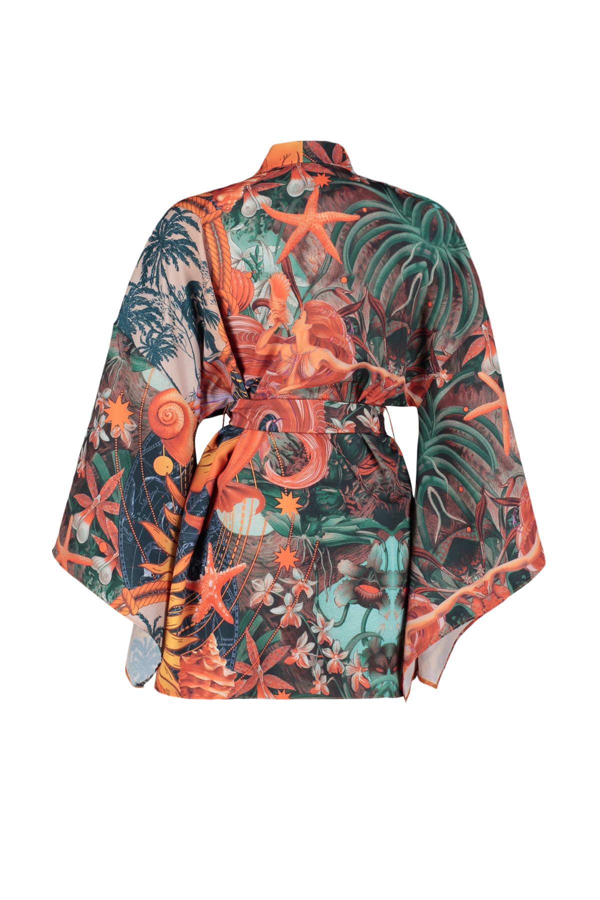 Trendyol Tropical Patterned Belted Flounce Mini Woven Beach Kimono&amp;Caftan