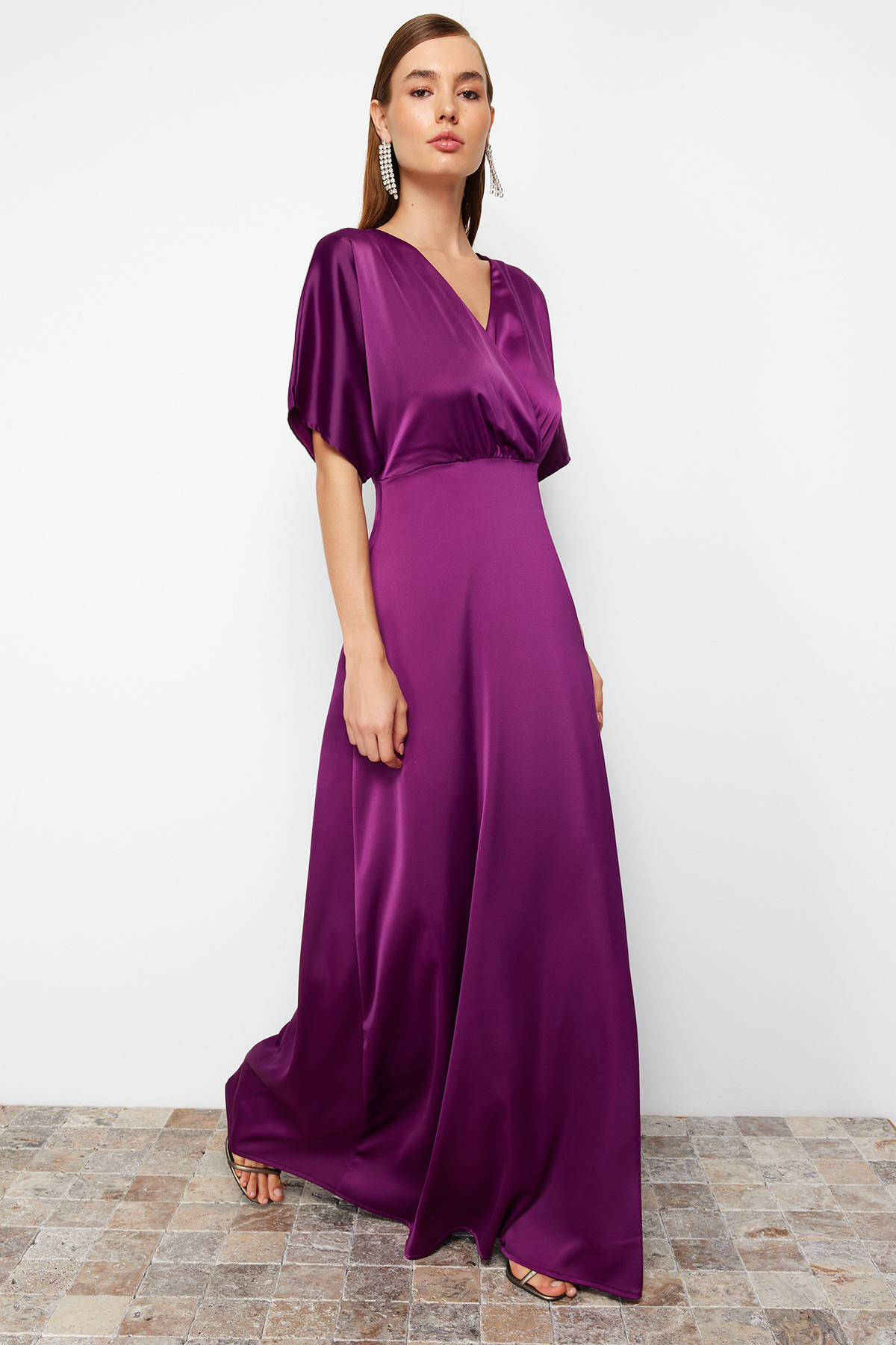 Trendyol Plum A-Cut Woven Satin Long Elegant Evening Dress