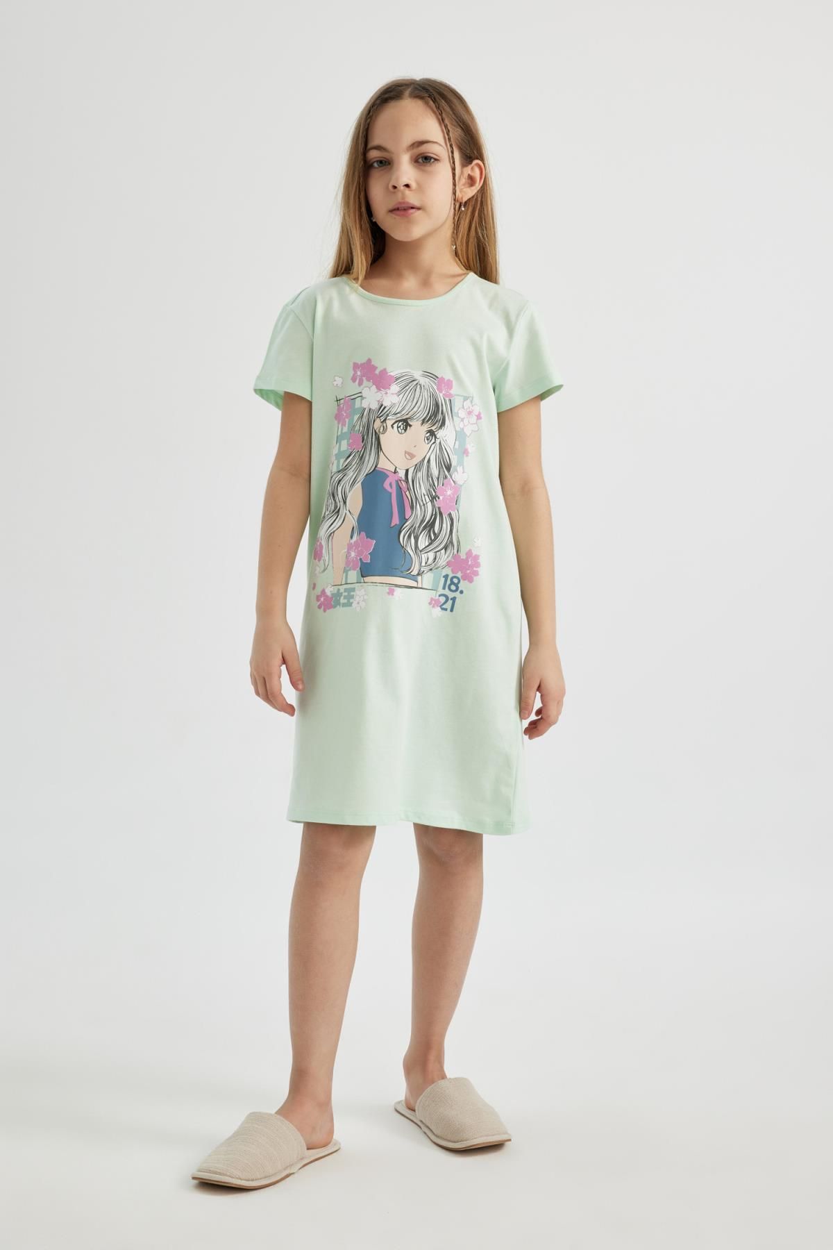 DEFACTO Girls' Short Sleeve Printed Dress