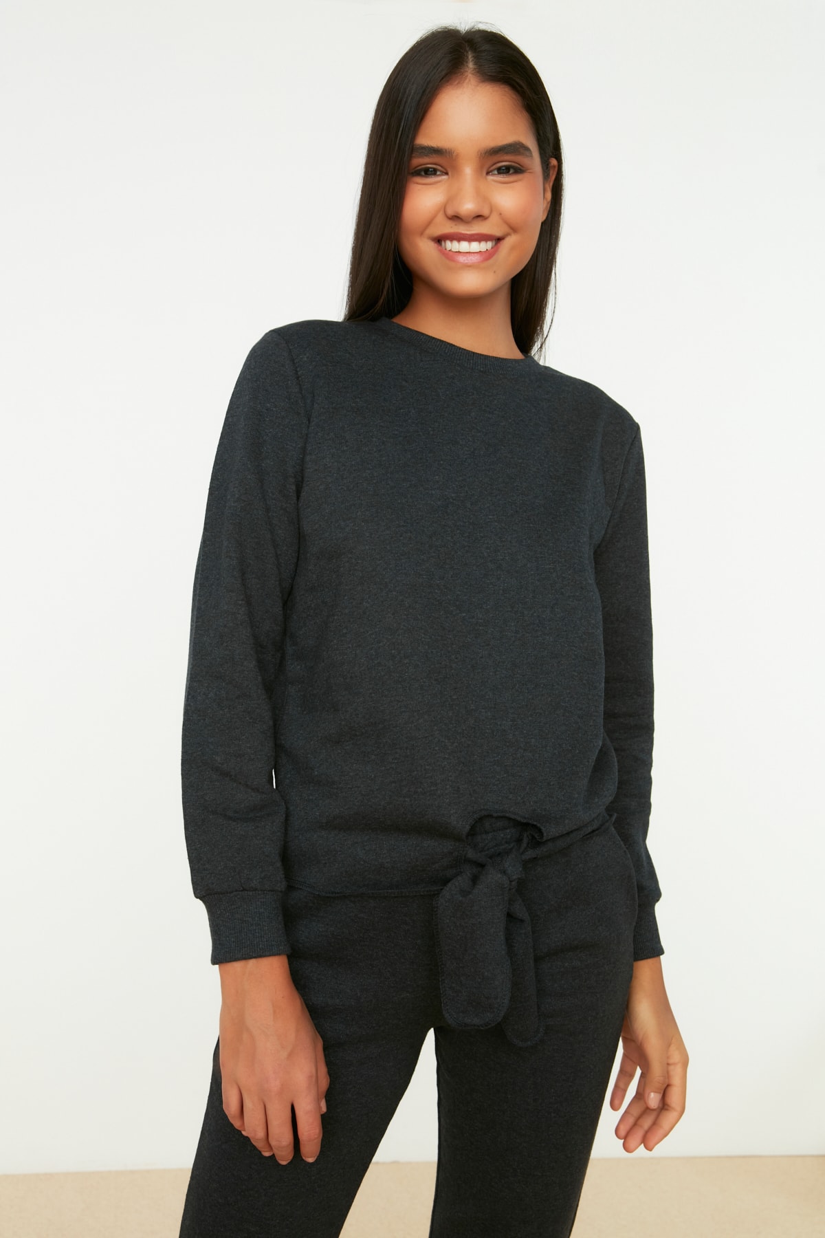 Trendyol Anthracite Knitted Thin Sweatshirt with Tie Detail.