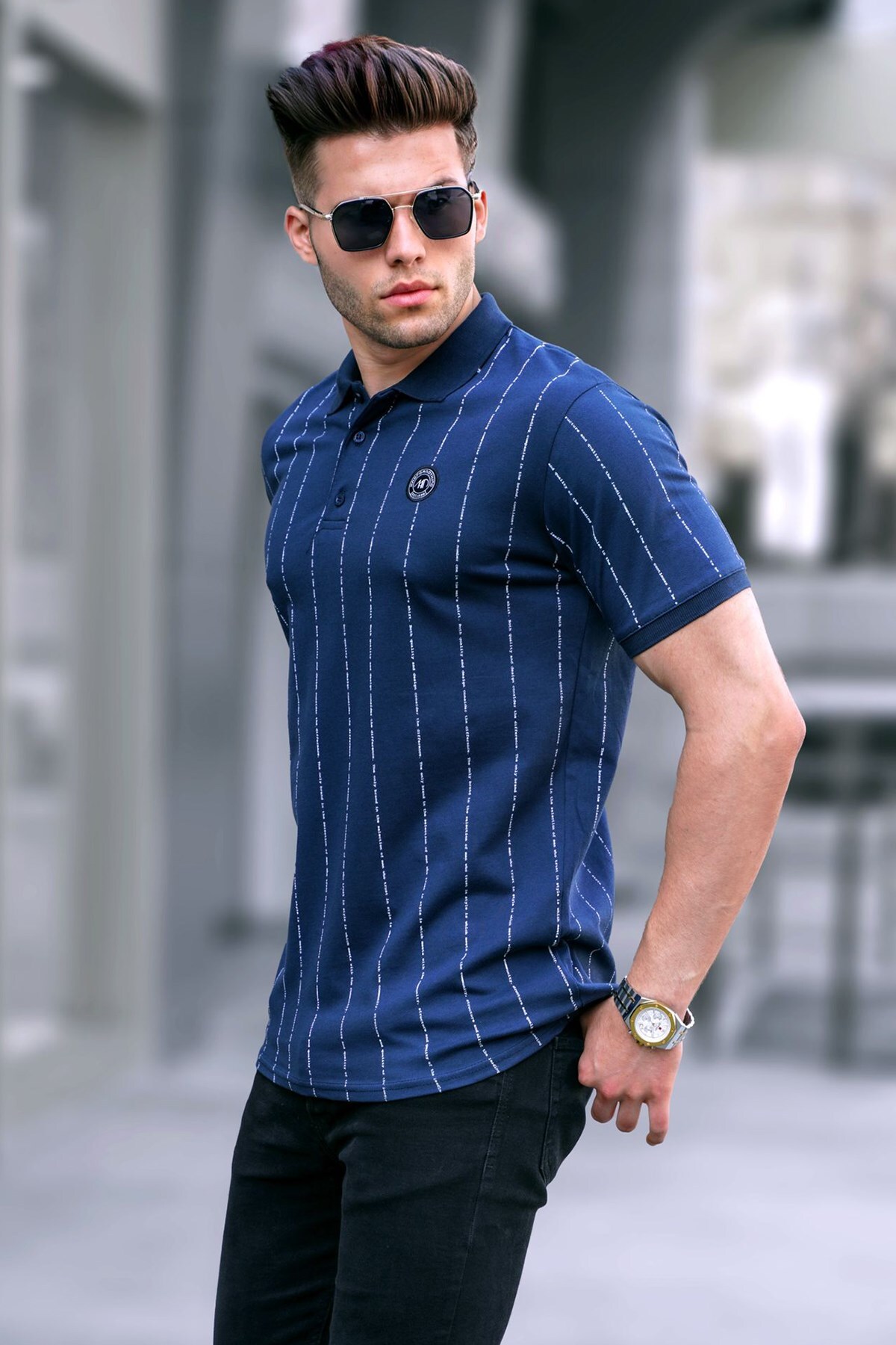 Levně Madmext Navy Blue Buttoned Striped Polo Neck T-Shirt 5879