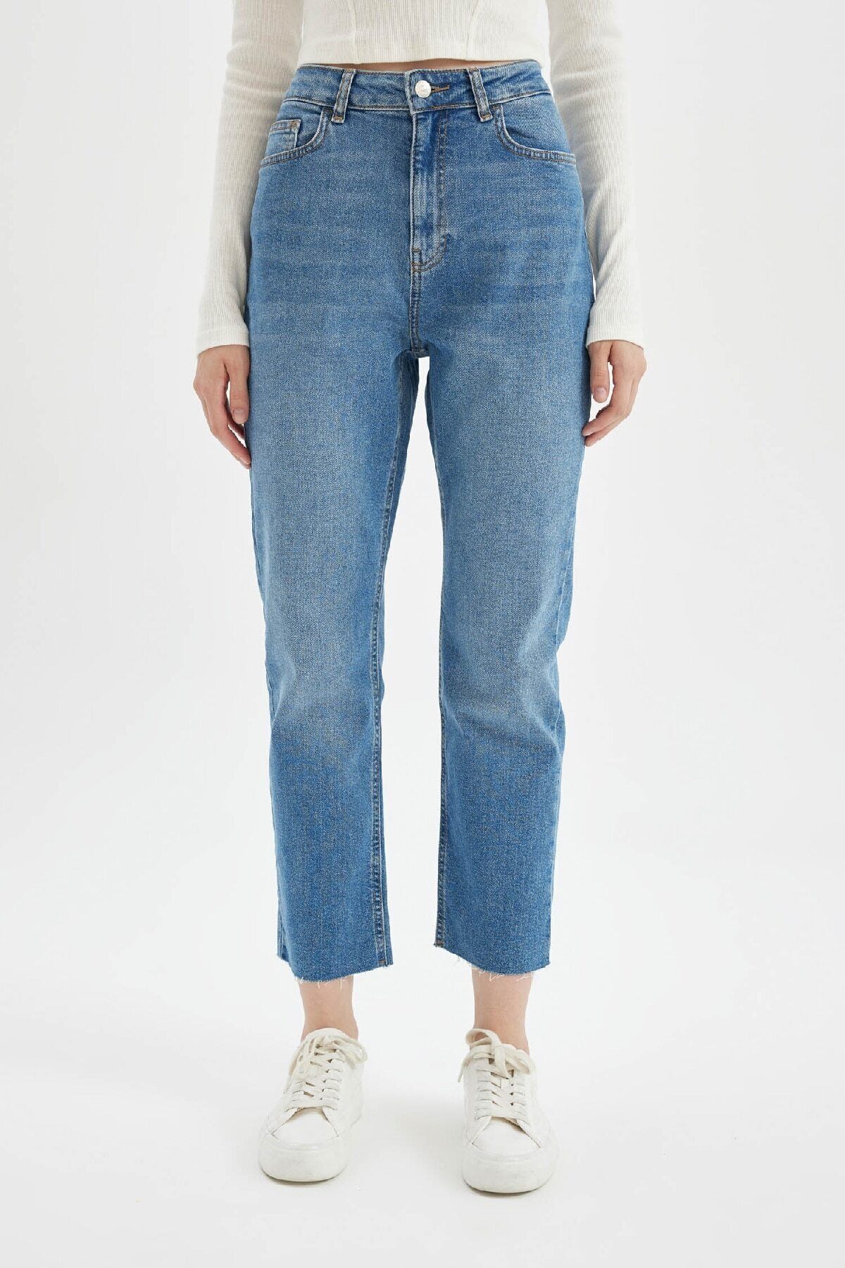 DEFACTO Mary Straight Leg High Waist Cut Ankle Length Jean Washed Trousers