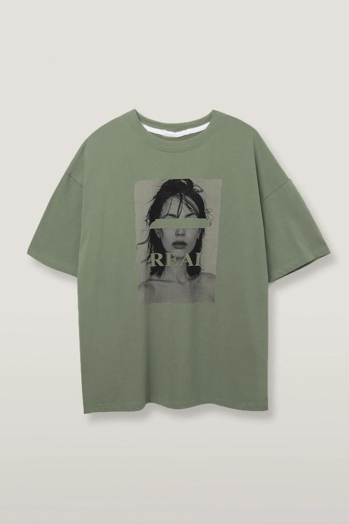 Levně Madmext Almond Green Oversized Women's Printed T-Shirt