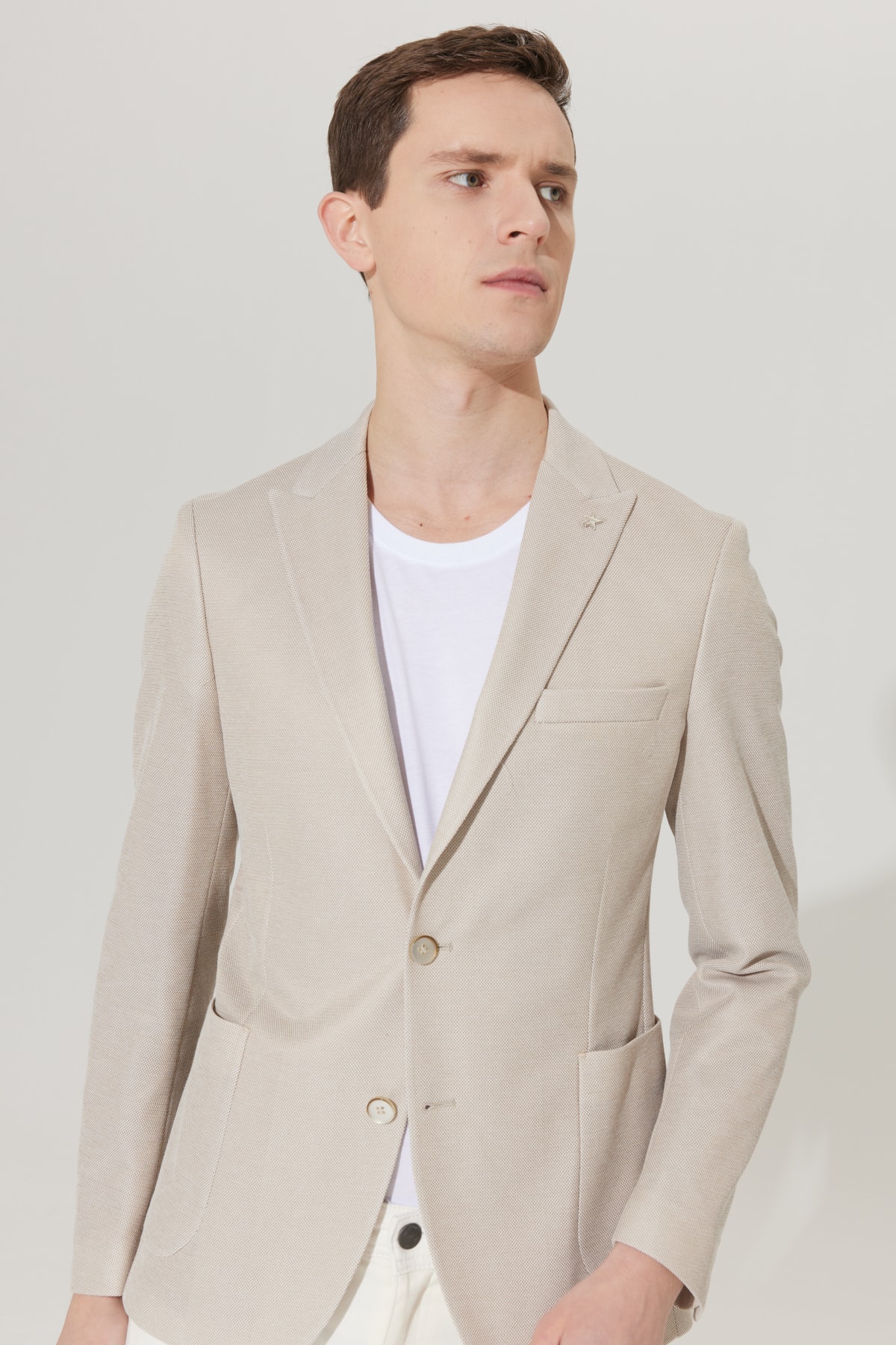 ALTINYILDIZ CLASSICS Men's Beige Slim Fit Slim Fit Dovetail Collar Cotton Patterned Jacket