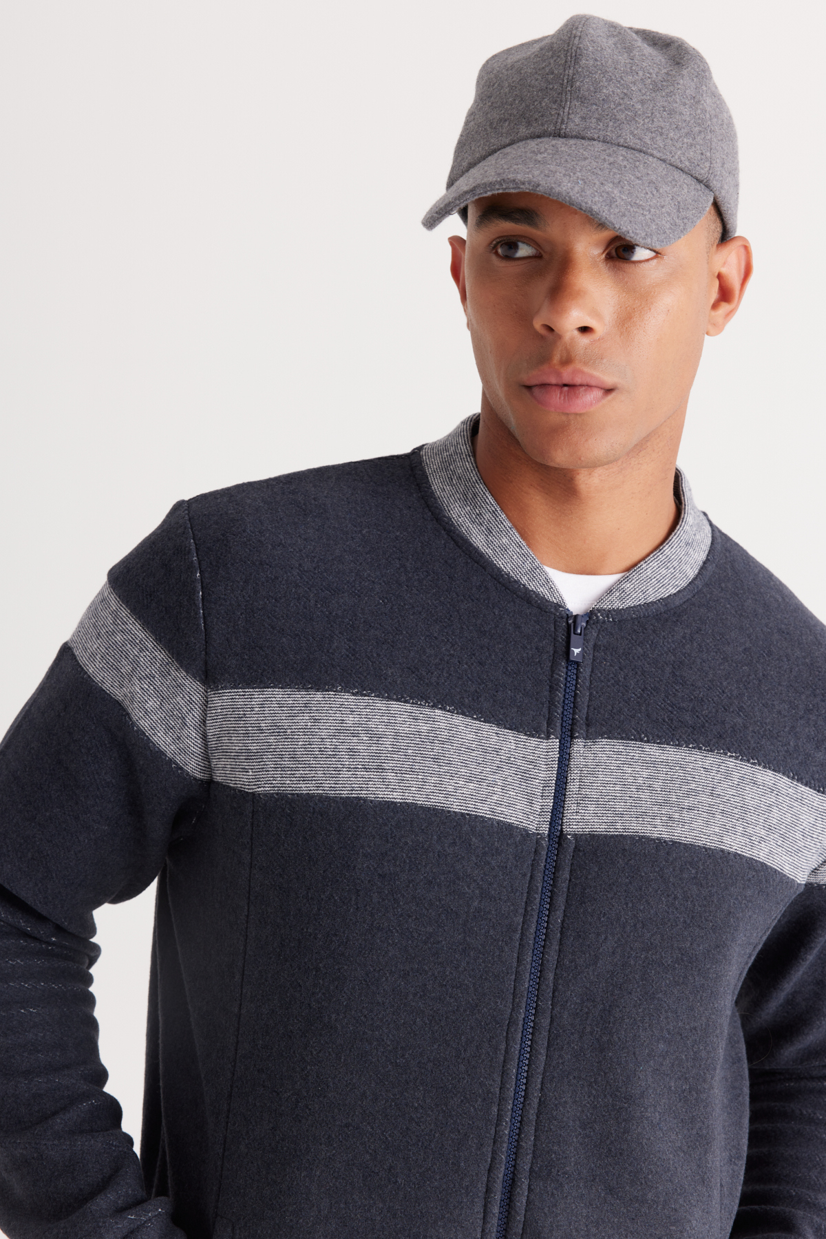 AC&Co / Altınyıldız Classics Men's Indigo Melange Oversize Fit Loose-Fit Fleece 3 Thread College Collar Cotton Sweatshirt Jacket
