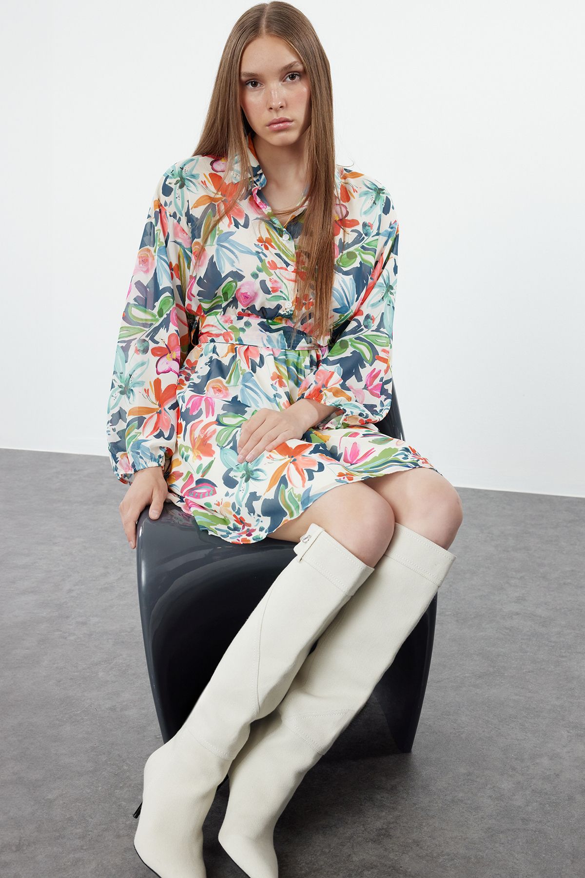 Trendyol Multi Color Floral Pattern Waist Open Mini Lined Chiffon Woven Dress