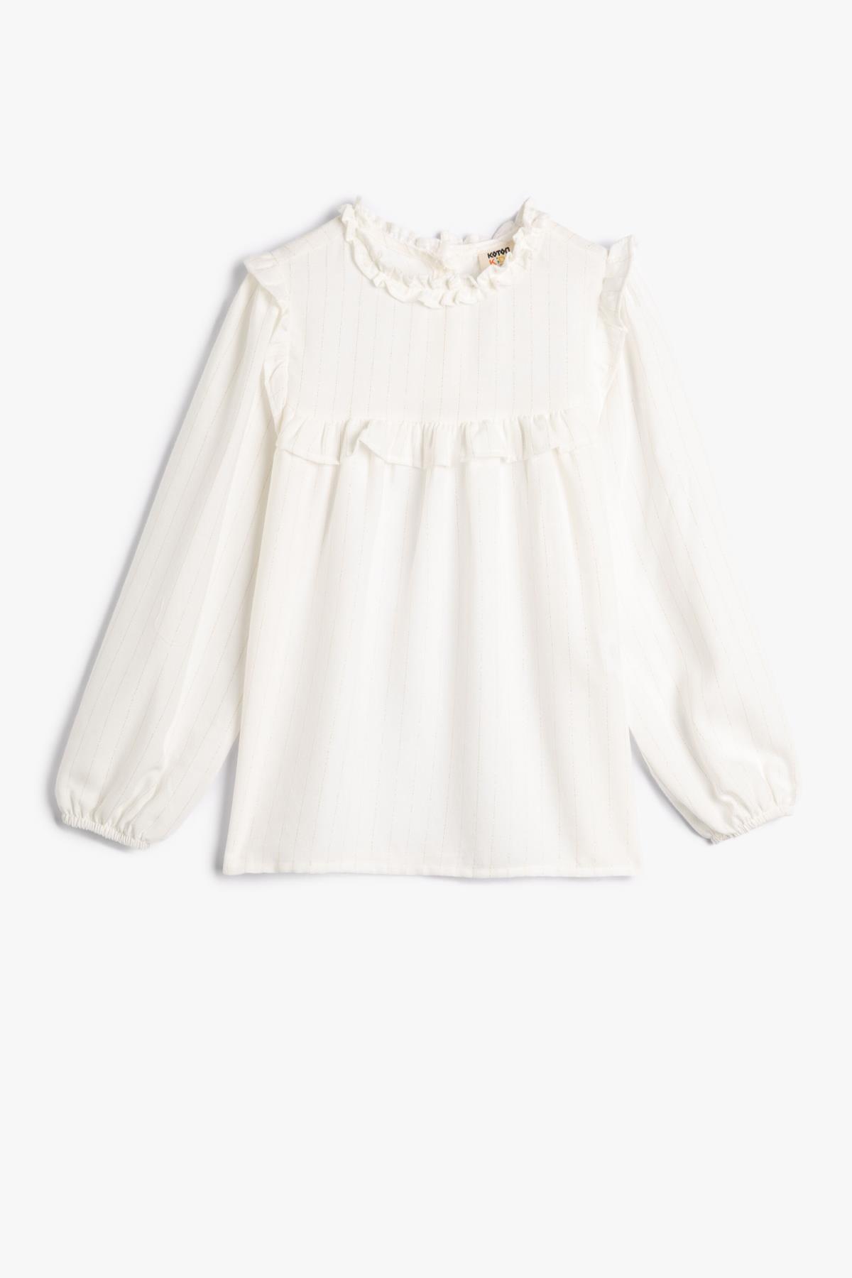 Levně Koton Girl's School Shirt Buttonless Long Sleeve Wide Collar Ruffle Detailed Cotton
