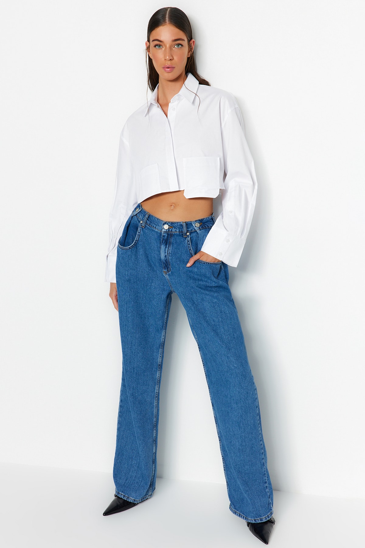 Trendyol Blue Pleated High Waist Wide Leg Jeans with Button Detailed