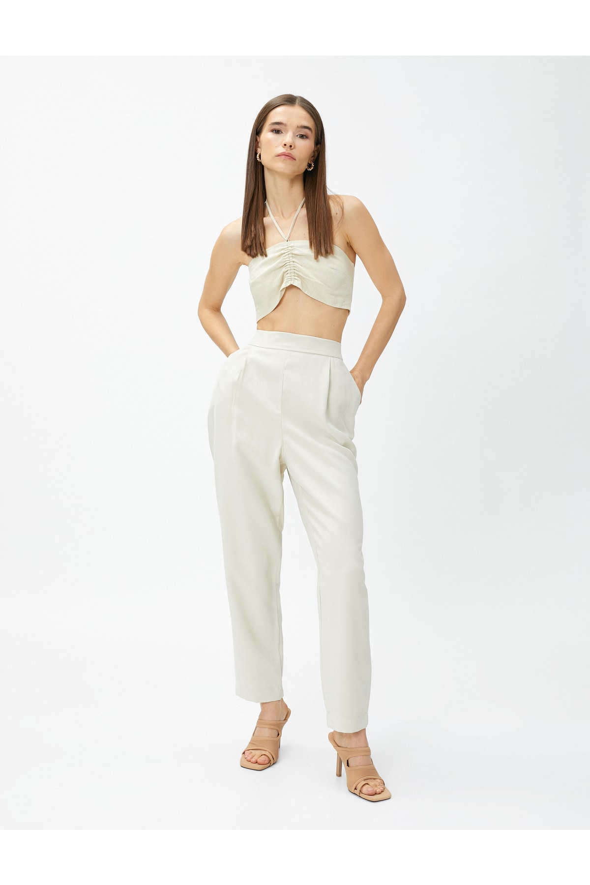 Levně Hedvábné texturované kalhoty Koton s elastickými kapsami v pase
