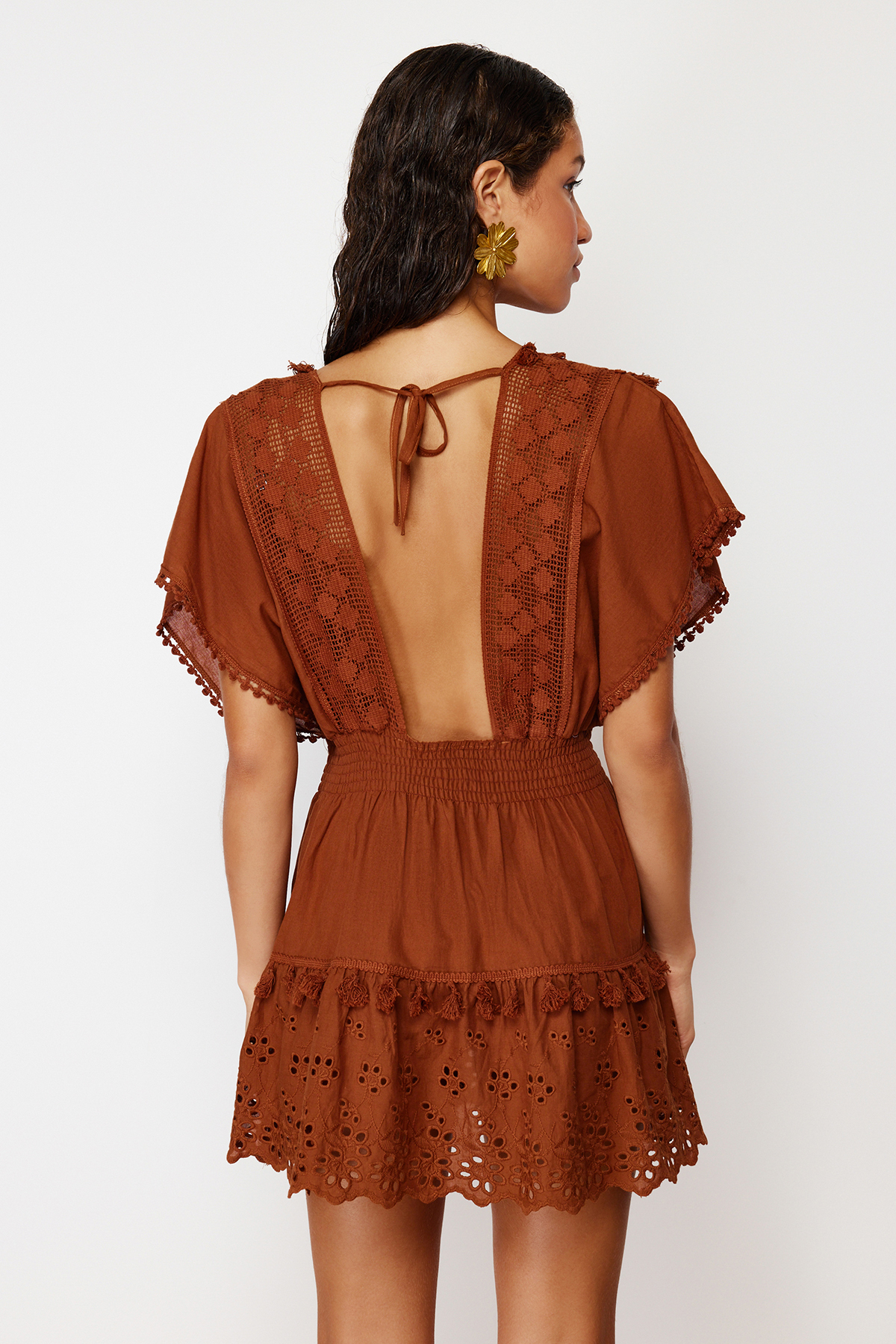 Trendyol Brown Mini Woven Embroidery Detailed 100% Cotton Beach Dress