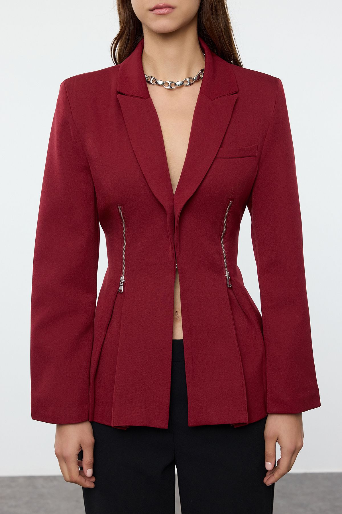 Trendyol Burgundy Zipper Detailed Woven Blazer Jacket