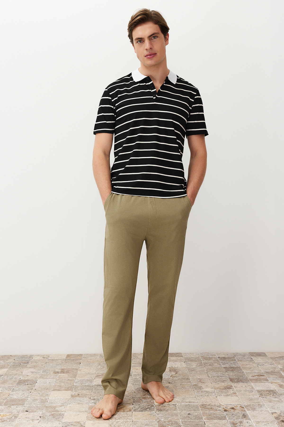 Trendyol Men's Black Regular Fit Striped Polo Neck Knitted Pajama Set