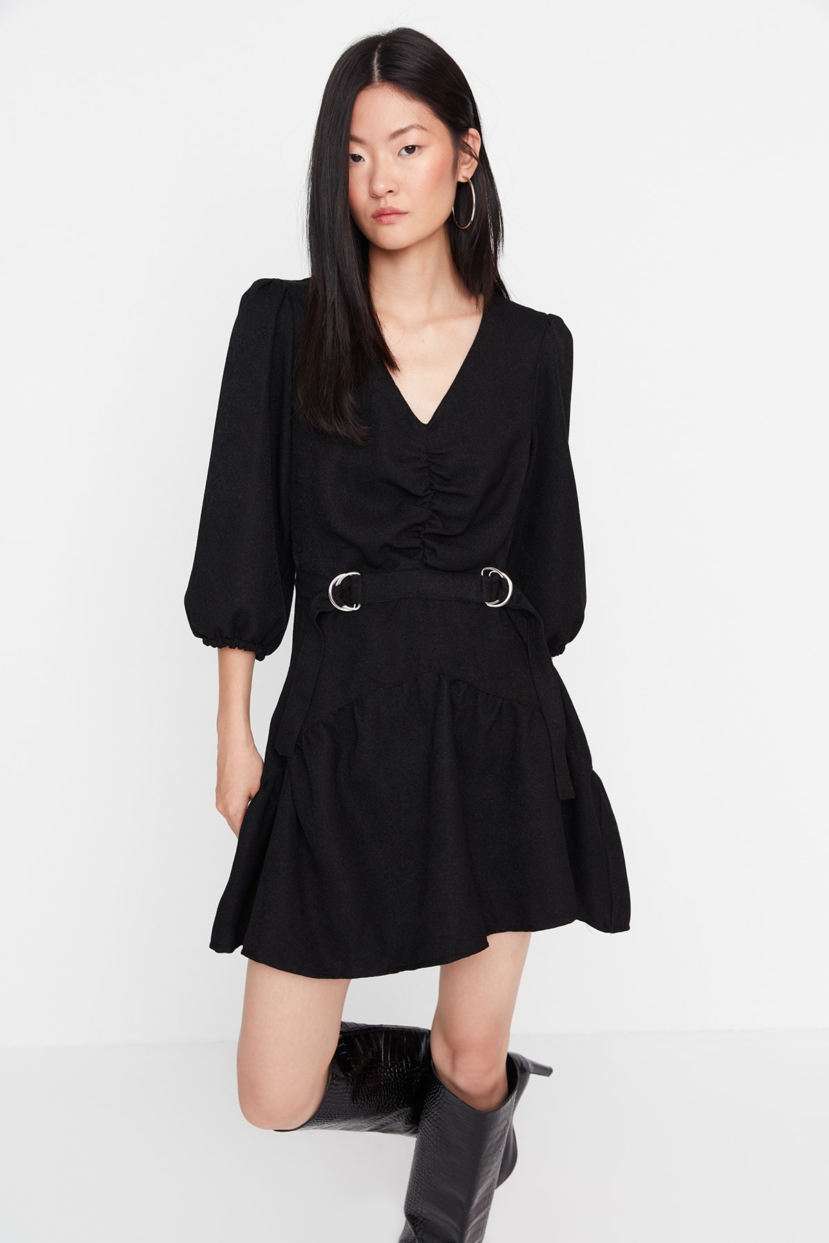 Trendyol Black Belted Mini Gathered Detailed Woven Dress