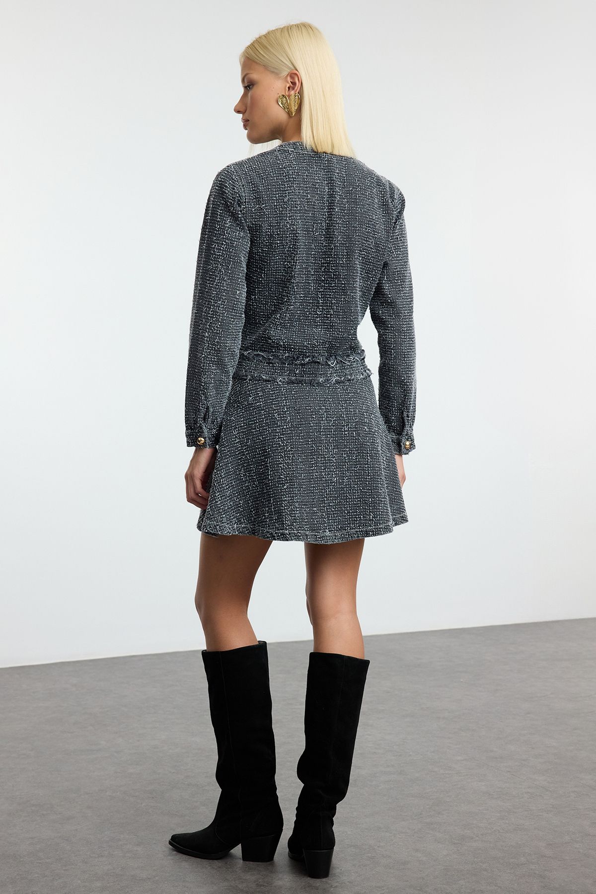 Trendyol Gray Textured Flounce Skirt Mini Denim Dress