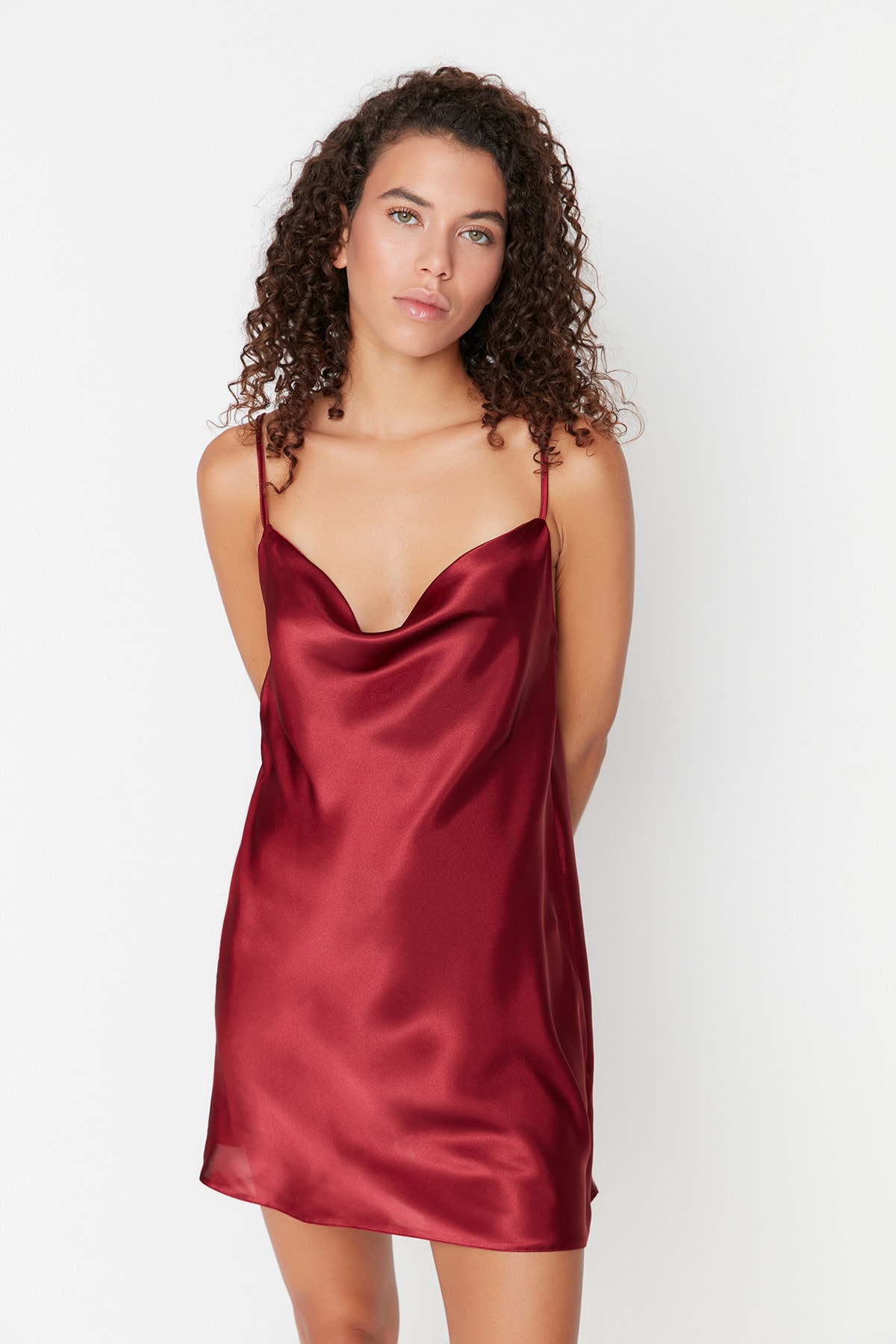 Trendyol Burgundy Neckline Back Detailed Satin Woven Nightgown