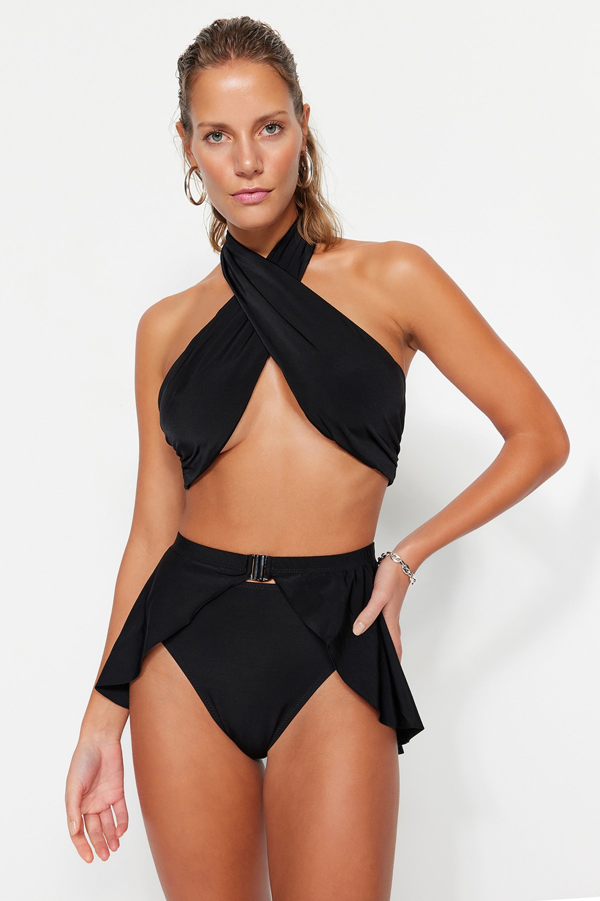 Trendyol Bikini Bottoms With Black Skirt, High Waist Regular Leg,