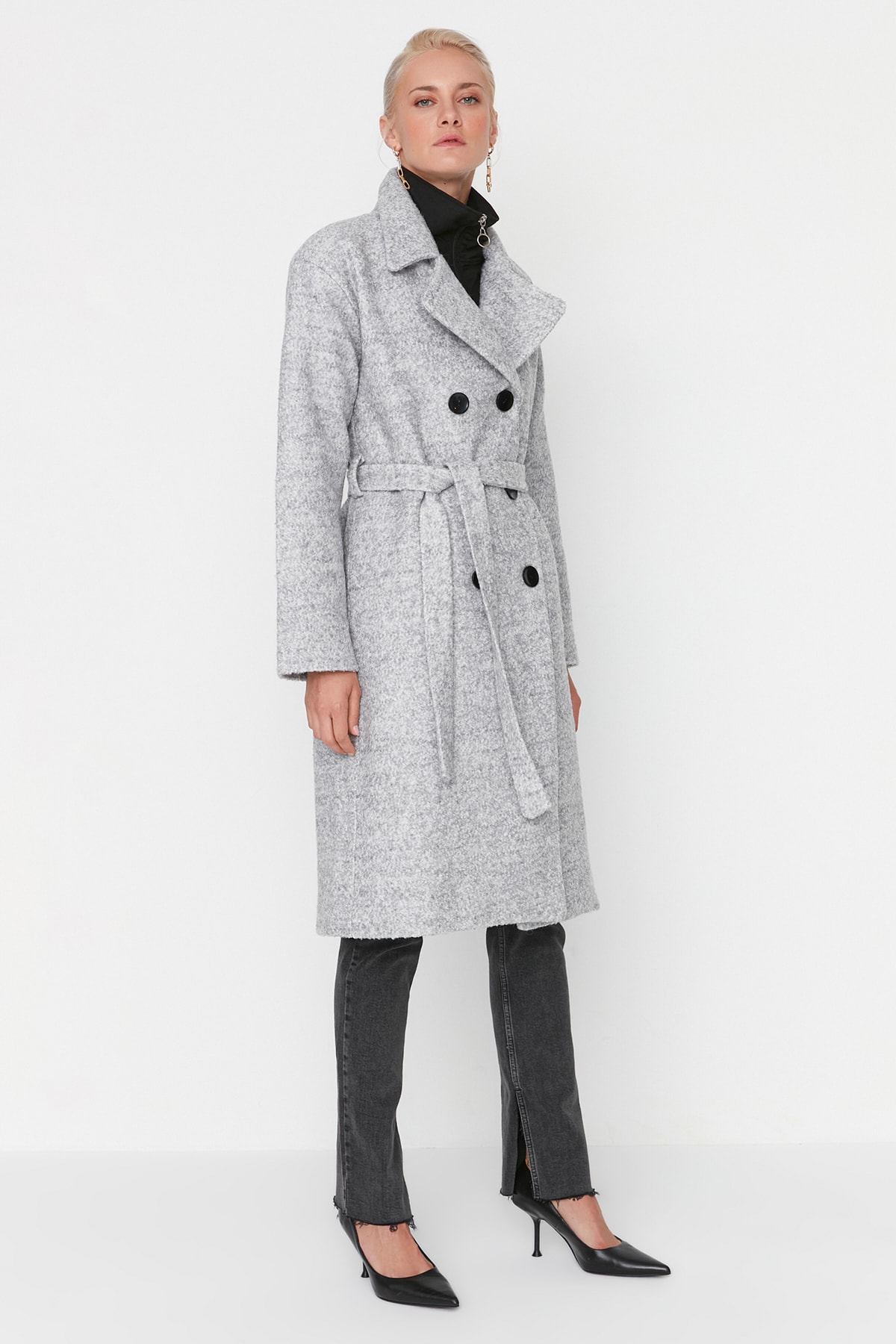 Trendyol Gray Belted Premium Wool Cachet Coat