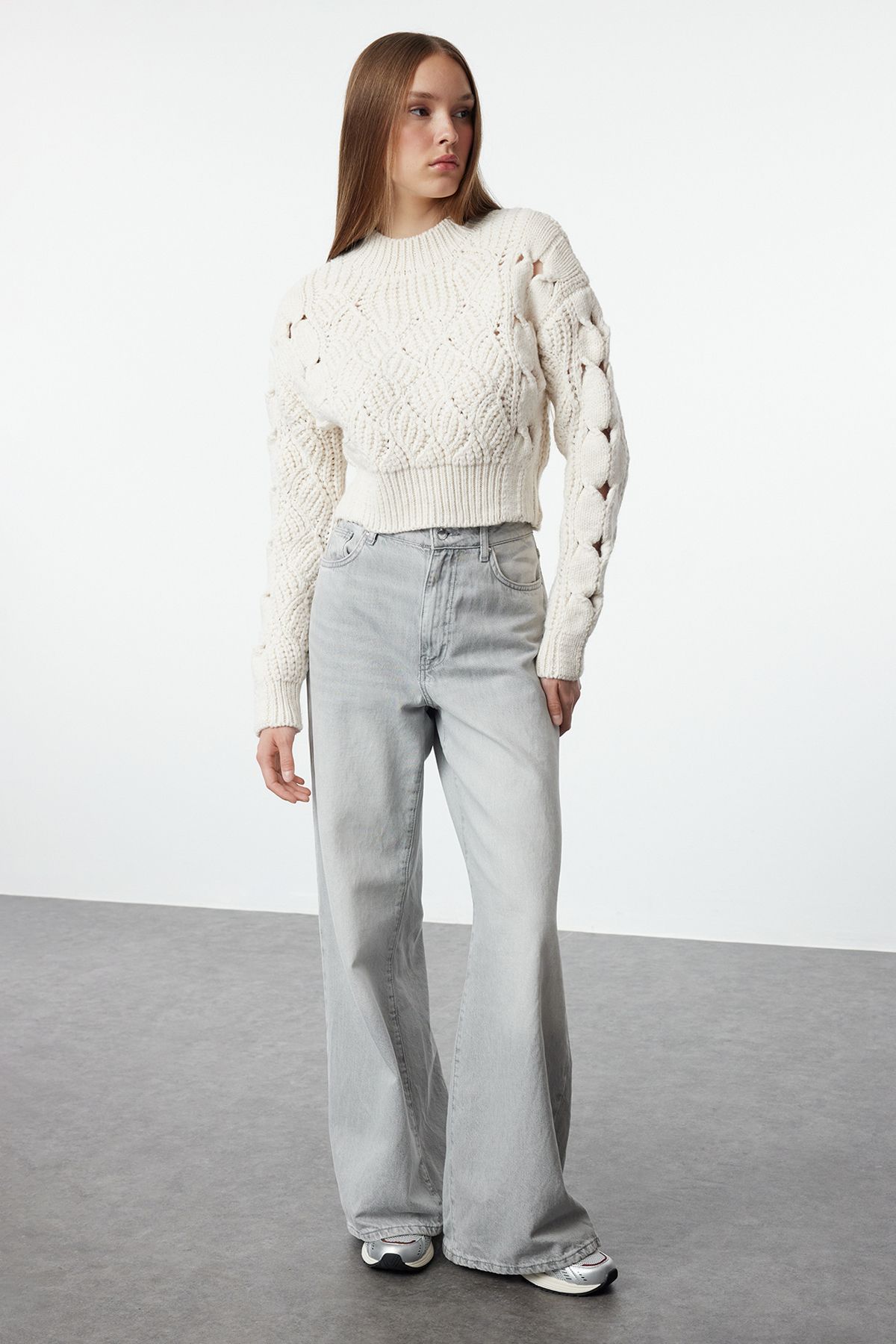 Trendyol Stone Openwork & Perforated Crew Neck Knitwear Sweater