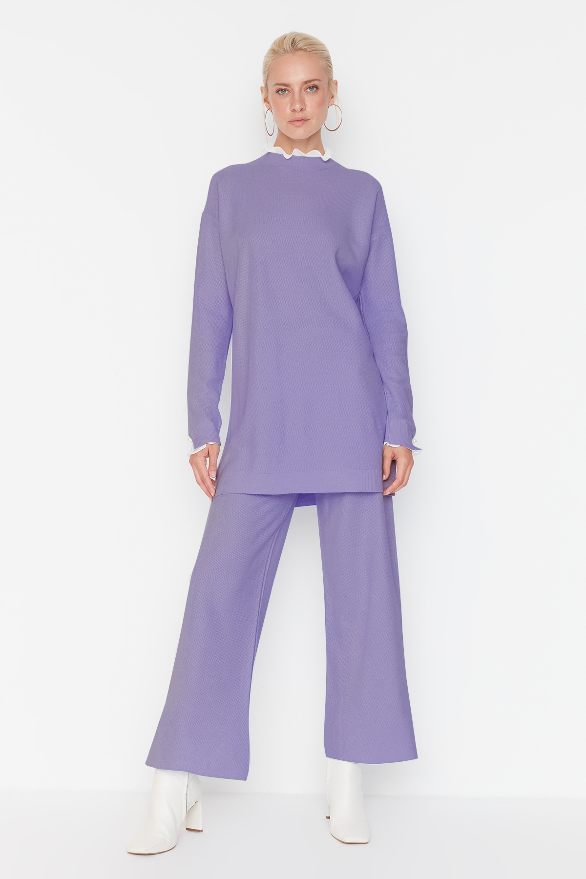 Trendyol Lilac Pearl and Tulle Detailed Sweater-Pants Knitwear Set