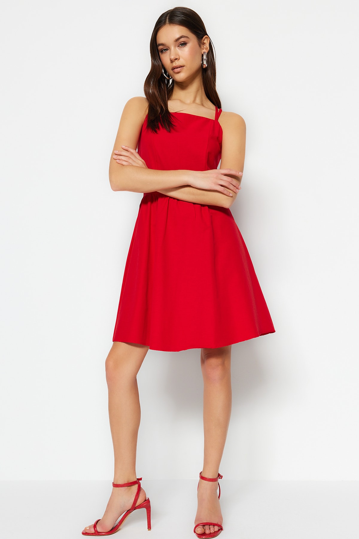 Trendyol Red Waist Opening Mini Woven Flounce Woven Dress