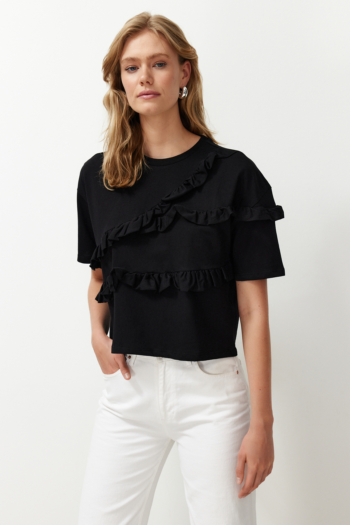 Trendyol Black 100% Cotton Ruffle Detailed Relaxed/Comfortable Fit Short Sleeve Knitted T-Shirt