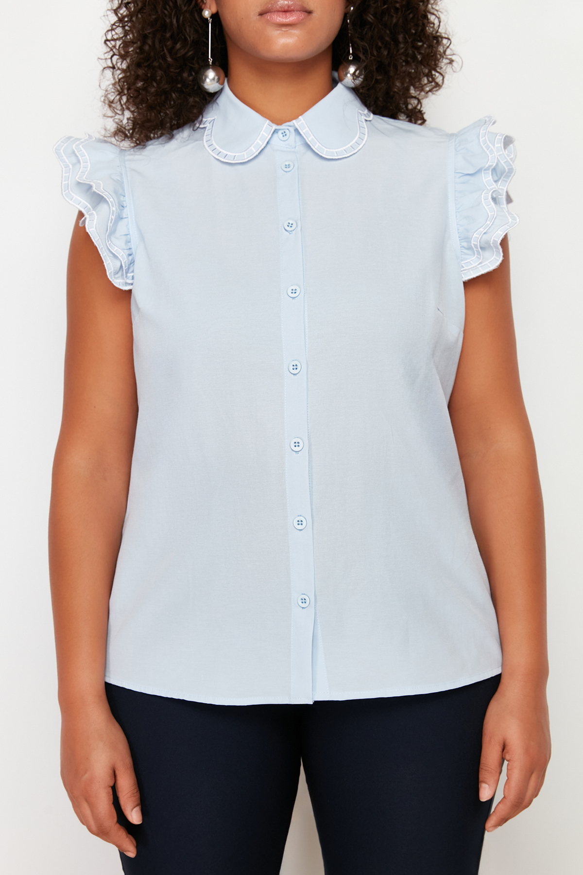 Trendyol Curve Blue Shoulder and Collar Embroidery Detail Woven Blouse